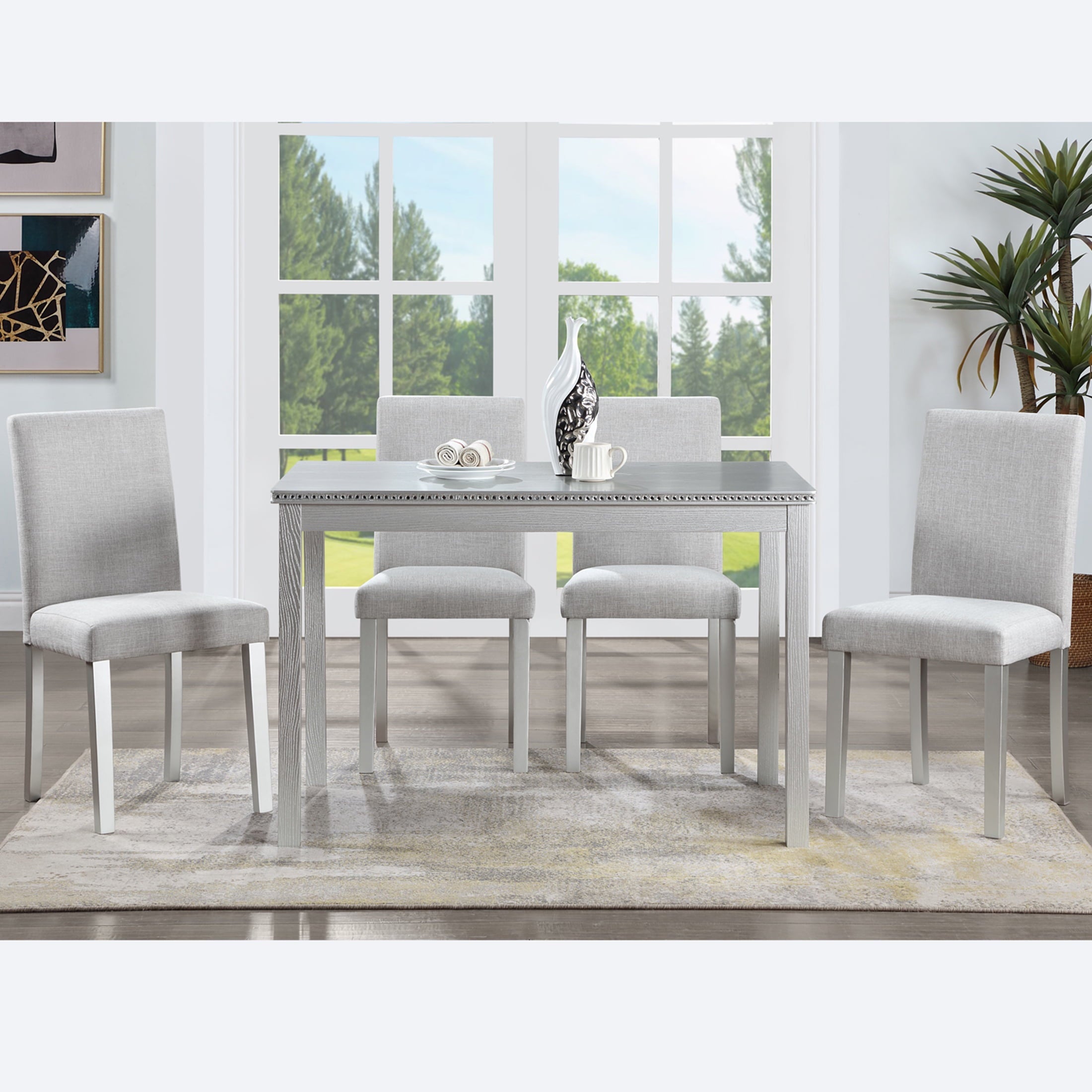 UHOMEPRO 5 Piece Dining Table Set, Modern Dining Table Sets with Rectangular Table and 4 Fabric Upholstered Chairs, Dining Set for Kitchen and Dining Room, White
