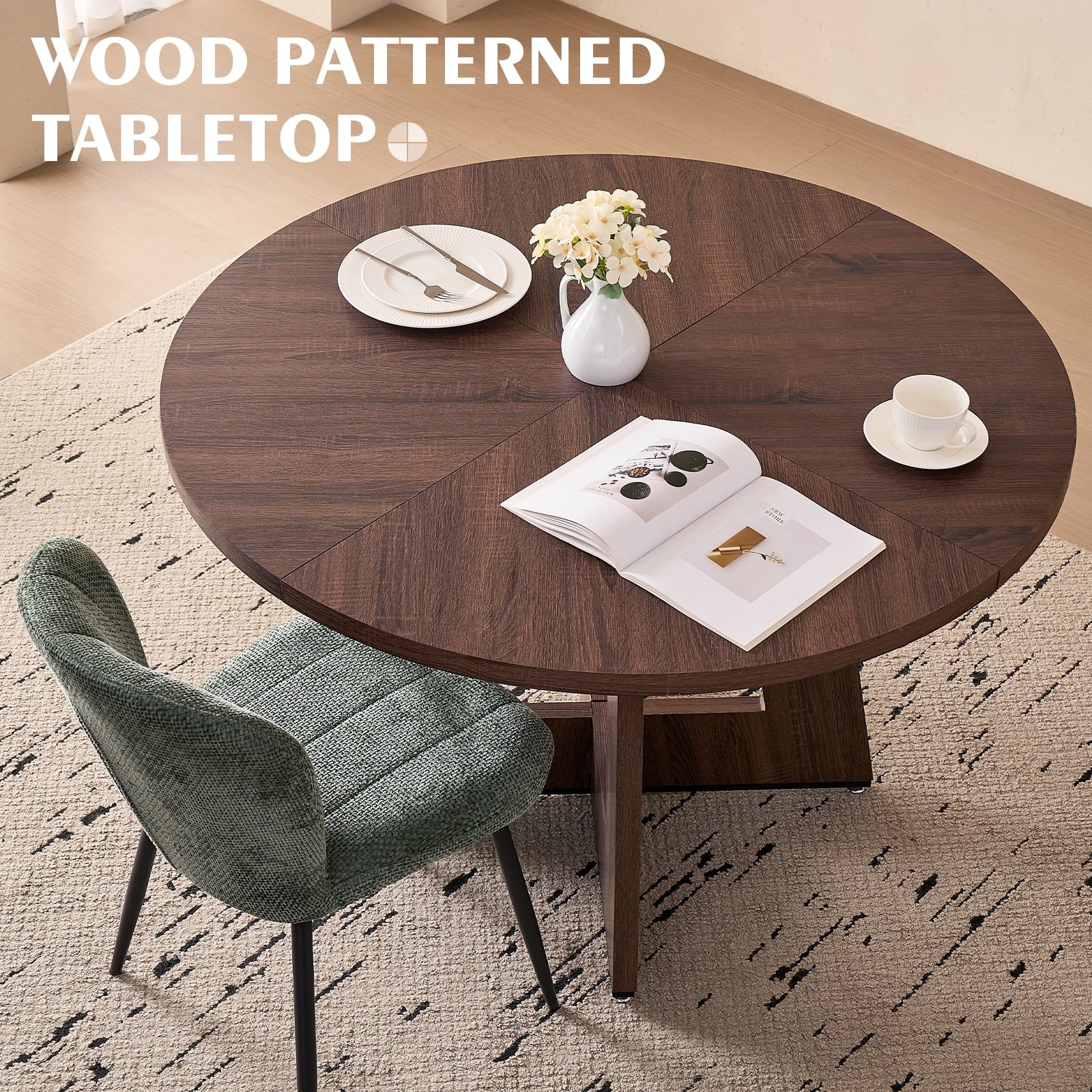 5 Piece 47'' Round Dining Table Chairs Set for 4, Farmhouse Oak Kitchen Table with 4 Boucle Mid Century Modern Dinning Room Chairs, Wood Dinner Table &Upholstered Chair Set of 4, Beige