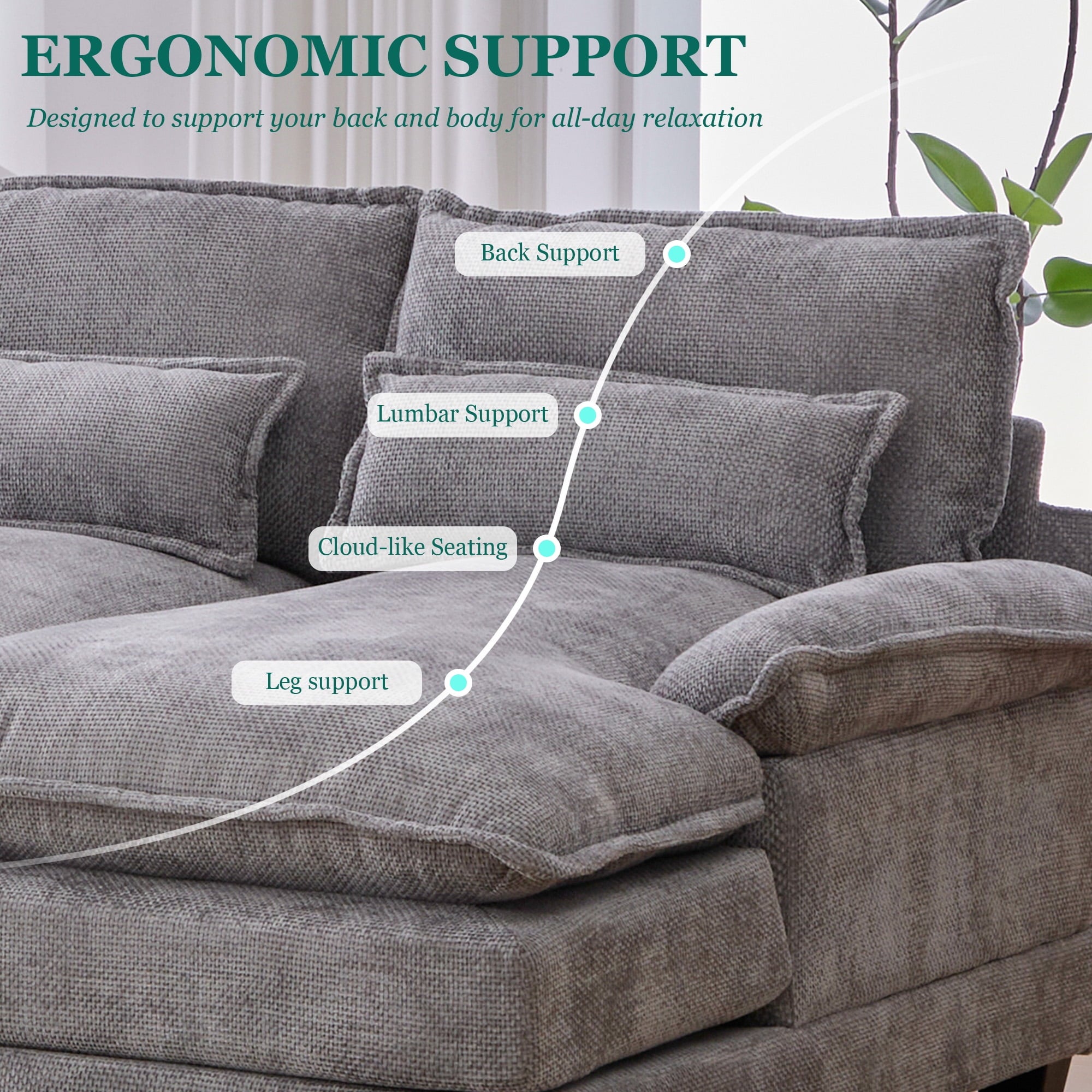 Villeston 126.77 U-Shaped Cloud Sofa With Chaise Lounge, Chenille Sofa With Wireless Charging, Bluetooth Speaker, Two Cup Holders, Storage Drawer, Suitable For Living Room,Gray