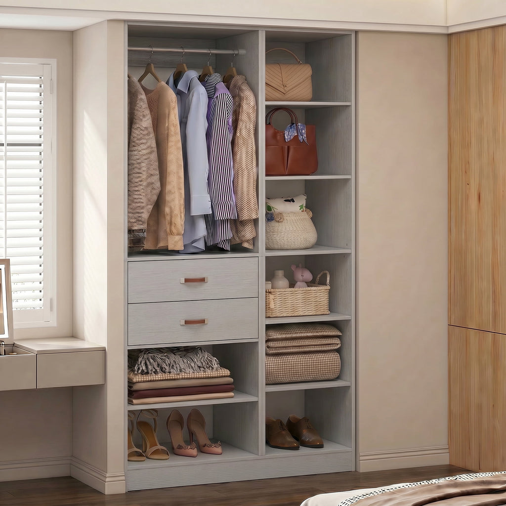 Homieasy 39.4'' W Closet System with Wooden Drawers and Hanging Rods, White