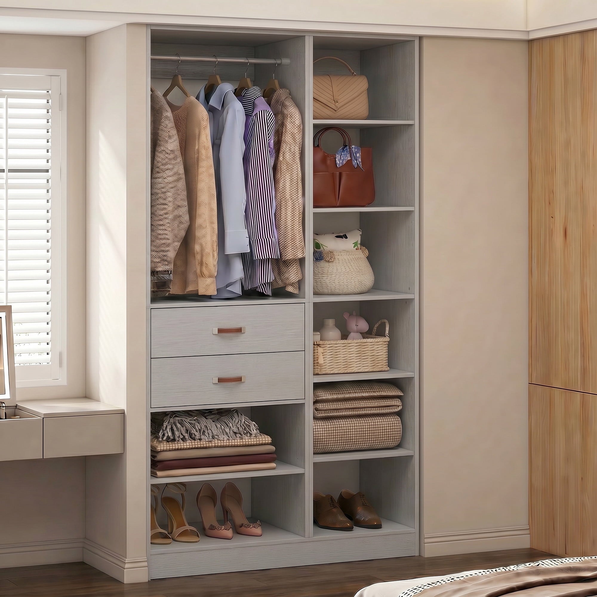 Homieasy 39.4'' W Closet System with Wooden Drawers and Hanging Rods, White