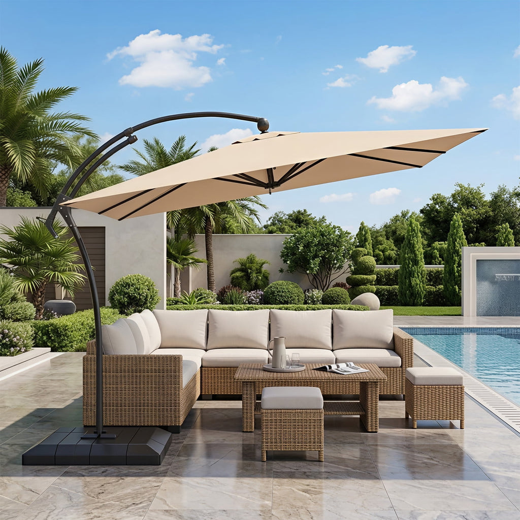 AECOJOY 10x10ft Outdoor Cantilever Patio Umbrella with Base, 360° Tilt & Rotate, Beige