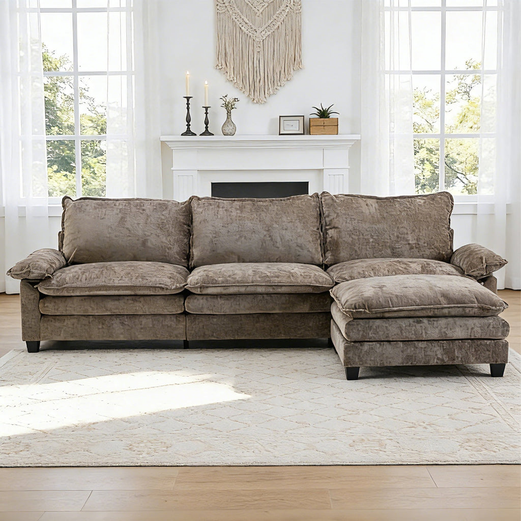 Ktaxon Sectional Sofa L Shaped Couch with Chaise Living Room Sleeper Set, 2 Seats with Chenille and Double Layer Cushions 86 W Beige