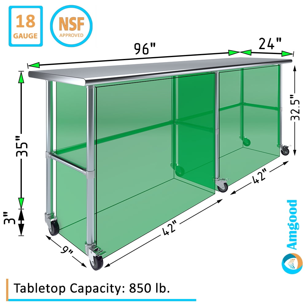 AmGood 36 Long x 30 Deep Stainless-Steel Work Table with Open Base and Wheels, Mobile Metal Table