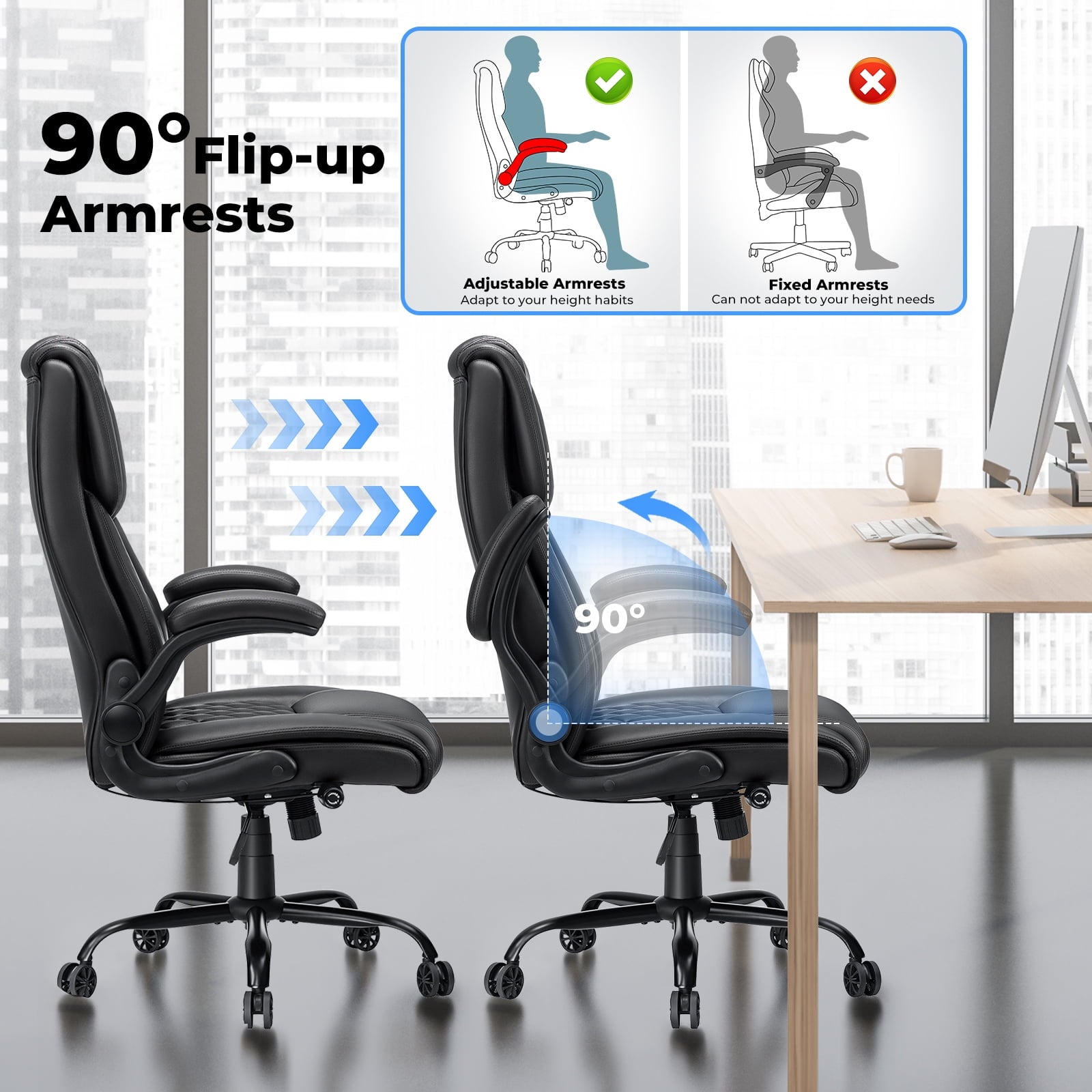 Hoffree Big and Tall Office Chair, 500lbs Executive Desk Chair with Adjustable Lumbar Support Ergonomic Computer Leather Chair with Padded Flip-up Arms for Home Office