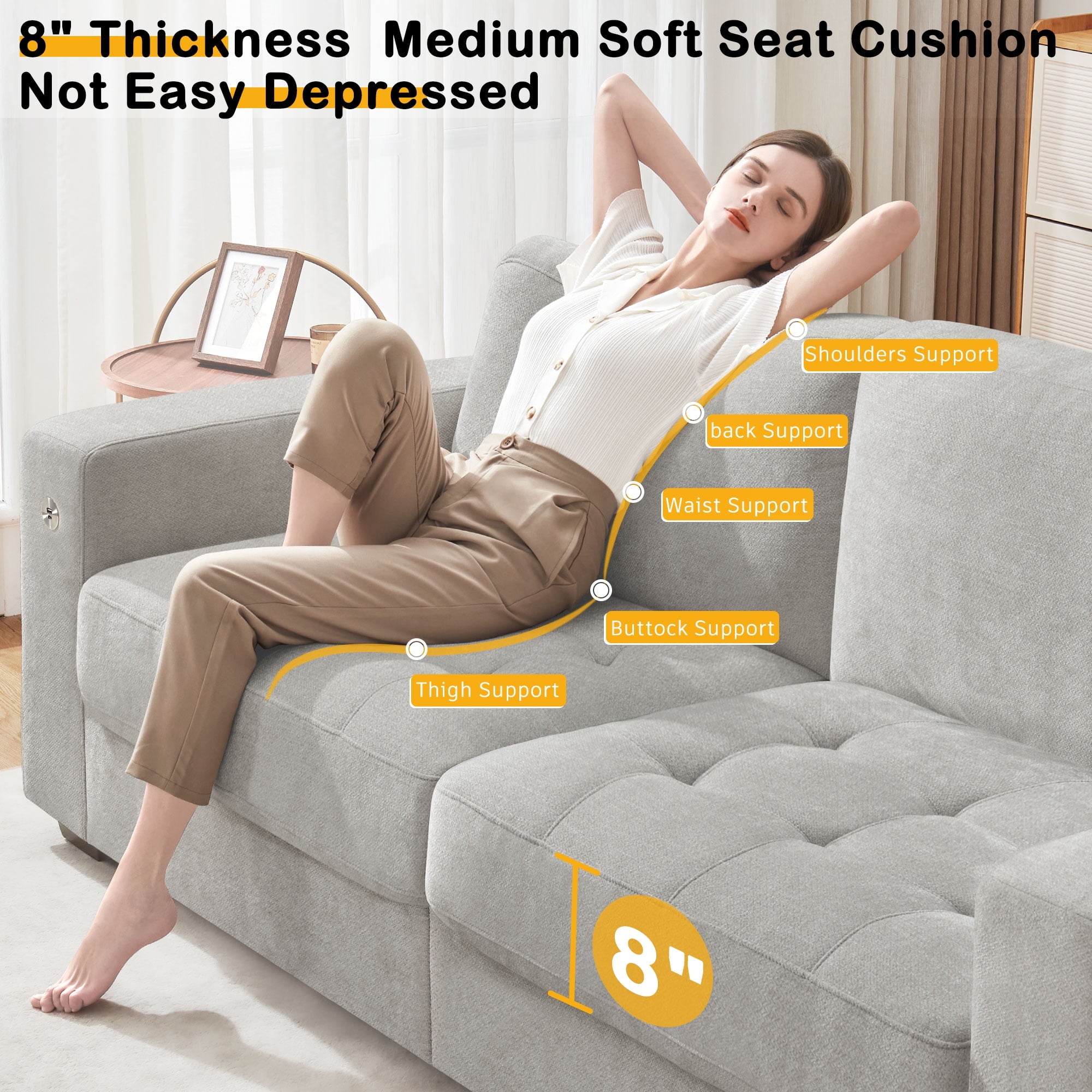 Bedluxury 89 Deep Sofa Couch with USB/Type-C Charging, Storage Pocket & Wide Armrest, Removable Cover, Seats 3 Adults, Chenille Beige