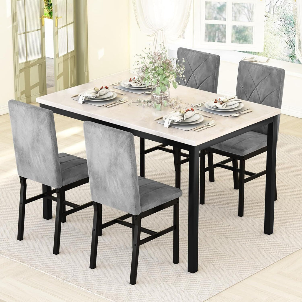 MOOSENG Dining Table Set for 4, Faux Marble Kitchen Table and Chairs Set of 4, 5-Piece Dining Room Set with PU Leather Upholstered Chairs for Small Space, Gray