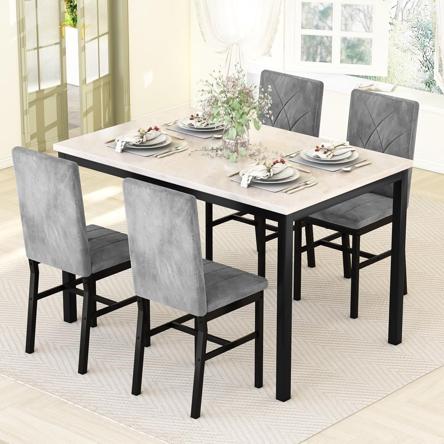 MOOSENG Dining Table Set for 4, Faux Marble Kitchen Table and Chairs Set of 4, 5-Piece Dining Room Set with PU Leather Upholstered Chairs for Small Space, Gray