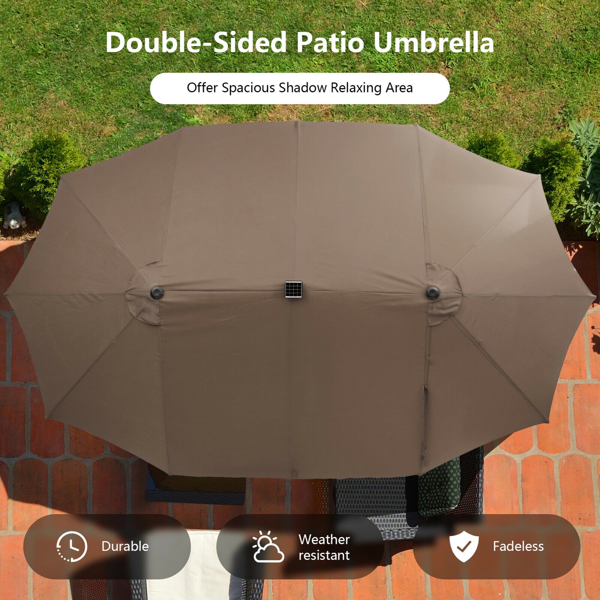 Gymax Outdoor 15' Double-Sided Patio Umbrella 48 Solar LED Lights Crank & Base Coffee