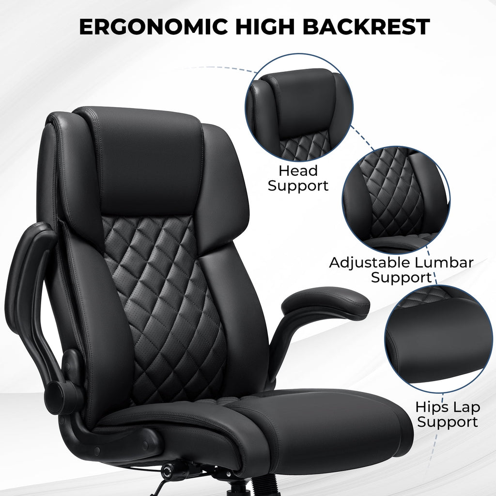 Hoffree Big and Tall Office Chair, 500lbs Executive Desk Chair with Adjustable Lumbar Support Ergonomic Computer Leather Chair with Padded Flip-up Arms for Home Office