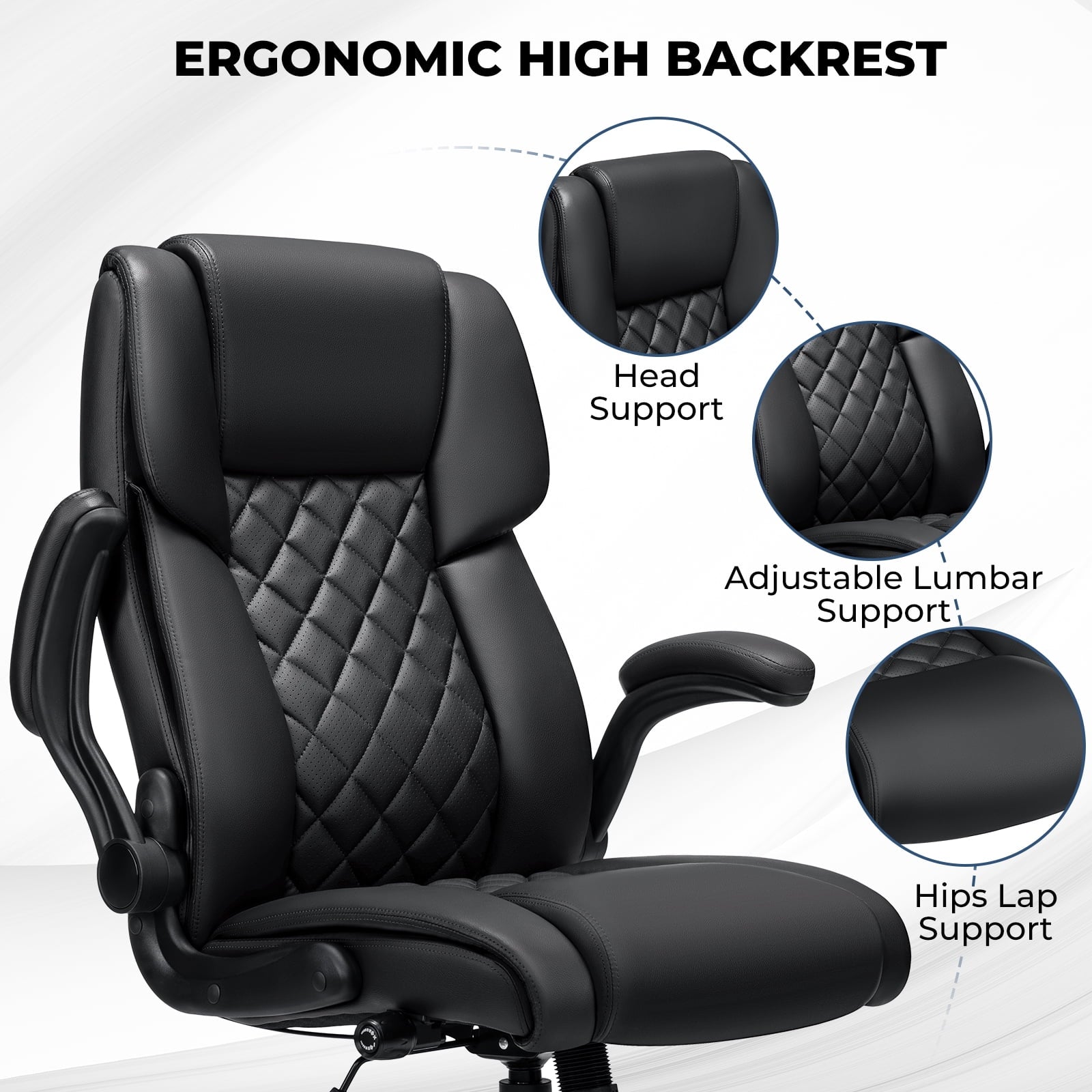 Hoffree Big and Tall Office Chair, 500lbs Executive Desk Chair with Adjustable Lumbar Support Ergonomic Computer Leather Chair with Padded Flip-up Arms for Home Office