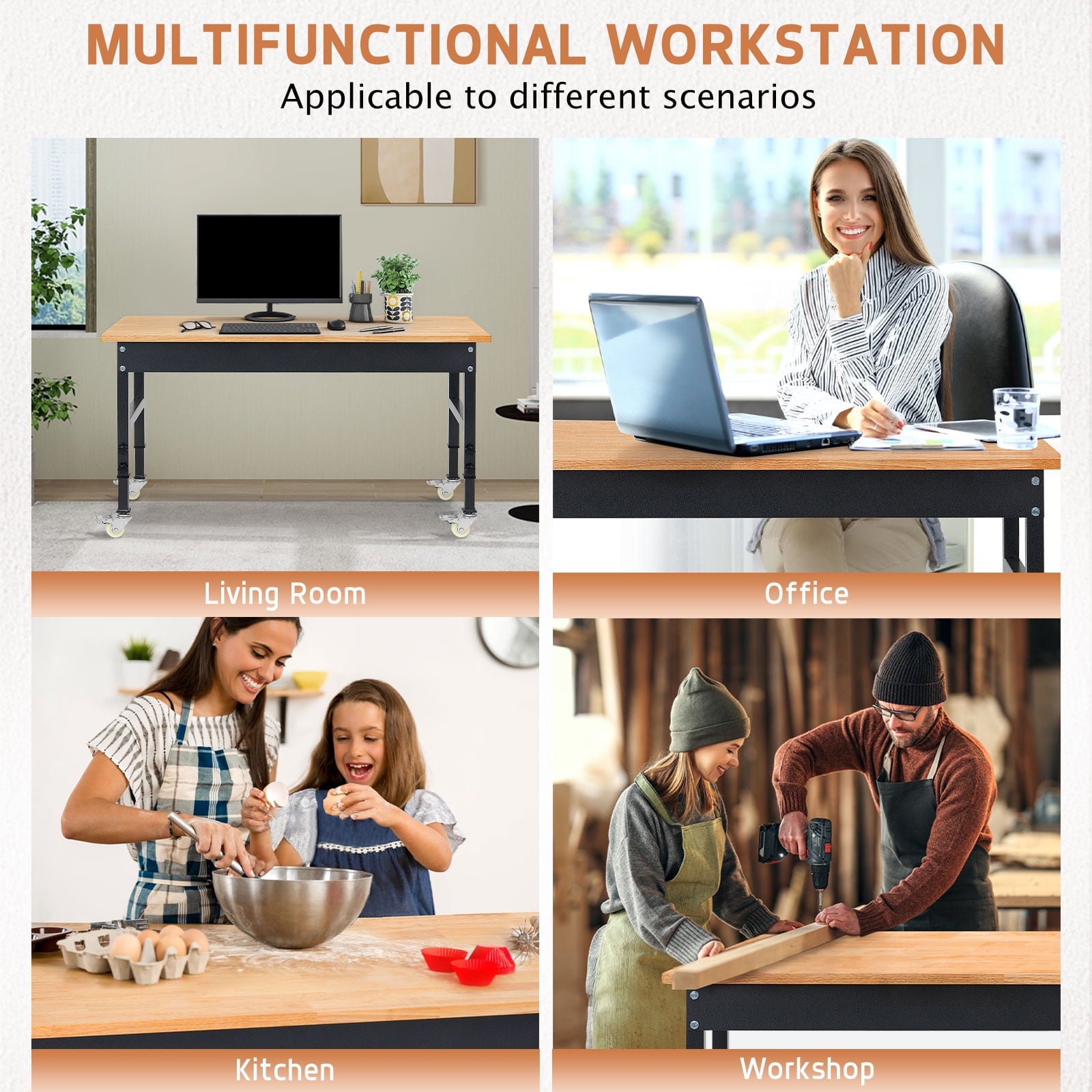 NETAJE 60 Heavy-Duty Work Bench Adjustable Workbench Work Table 2000 lb Load Capacity w/ Power Outlets for Garage, Workshop, Workstation