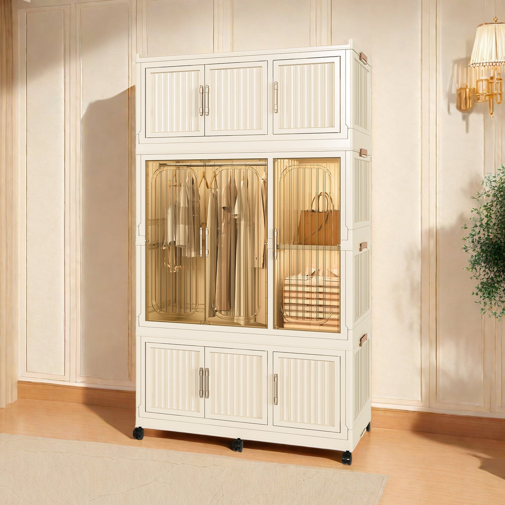 Garmic 62 Foldable Storage Wardrobe with Wheels, Portable Closet Organizer with 9 Magnetic Doors & 2 Hanging Rod, Plastic Armoire for Clothes Toys Books, White
