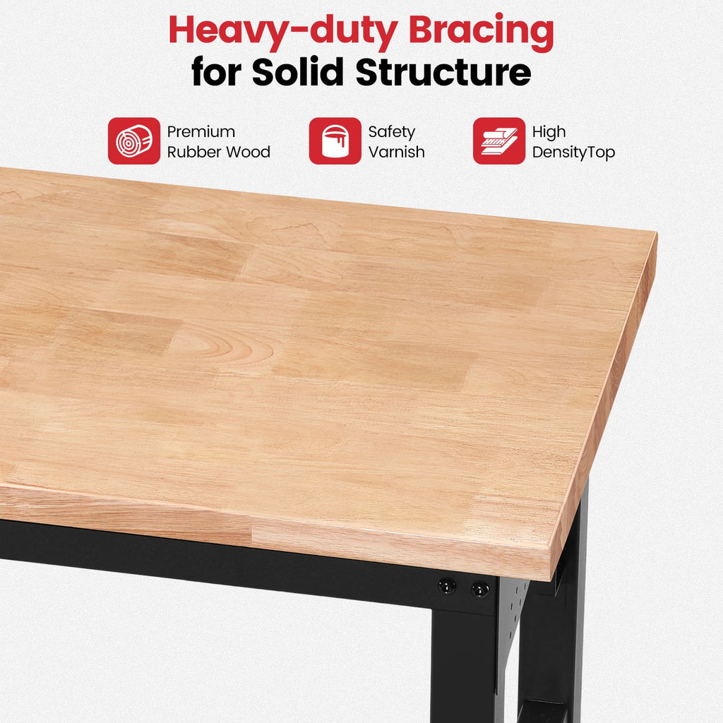 Workbench for Garage,ENJOYWOOD Heavy Duty 48 inch 2 Tier Wood Work Bench with Rolling Wheels and Power Outlets,Rubber Wood Tabletop,2000 LBS Load Bearing Workstation Garage Desk Table Worktable