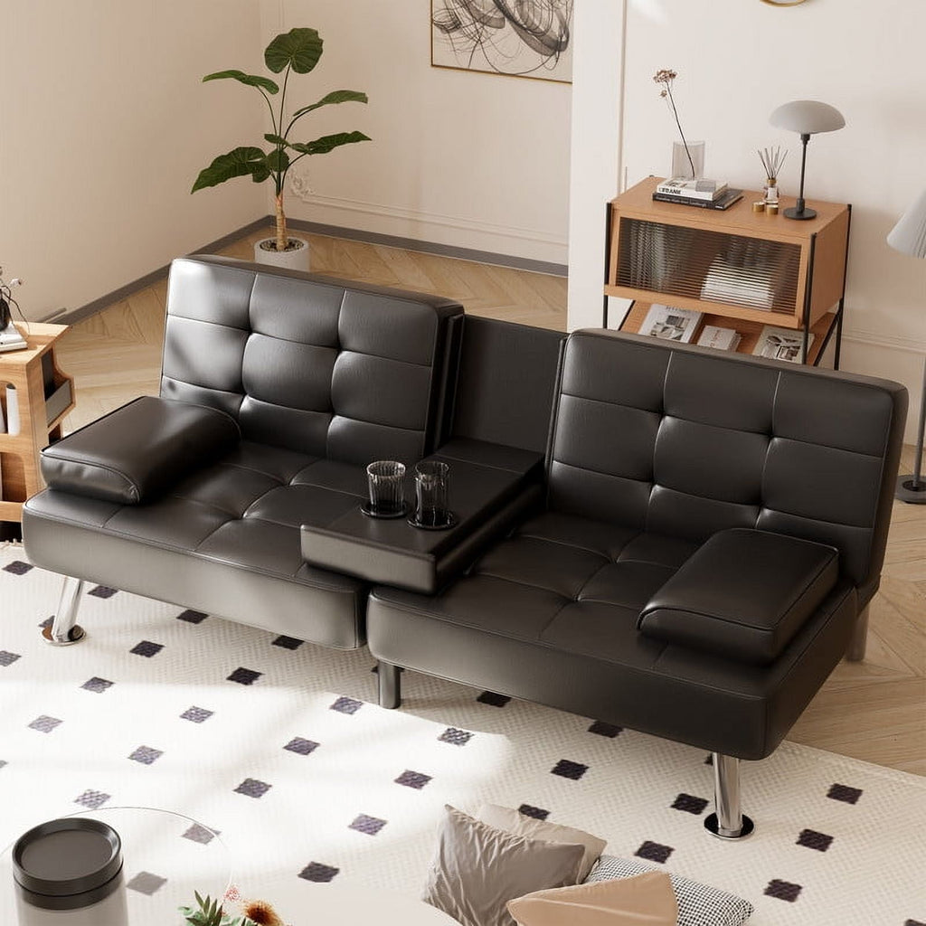 Furmax 3-in-1 Futon Sofa Bed Convertible Couch – Faux Leather Recliner with Cup Holders for Living Room, Apartment & Small Space, Black