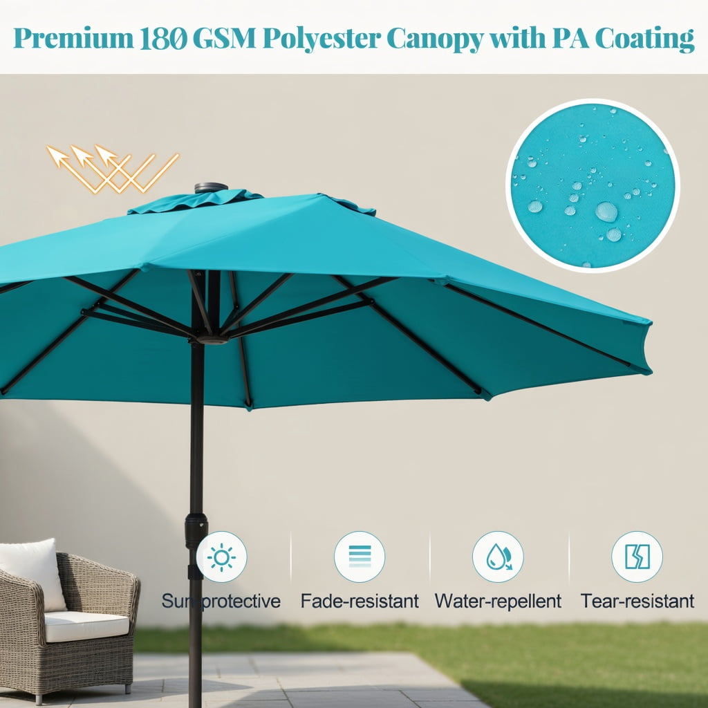 Demi Bonn 15FT Double-Sided Solar LED Patio Umbrella, 48 Warm LED Lights Large Steel Frame Sun Canopy, Stylish Outdoor Backyard Shade Umbrella, Turquoise Dark Red Beige Brown Orange Navy Gray