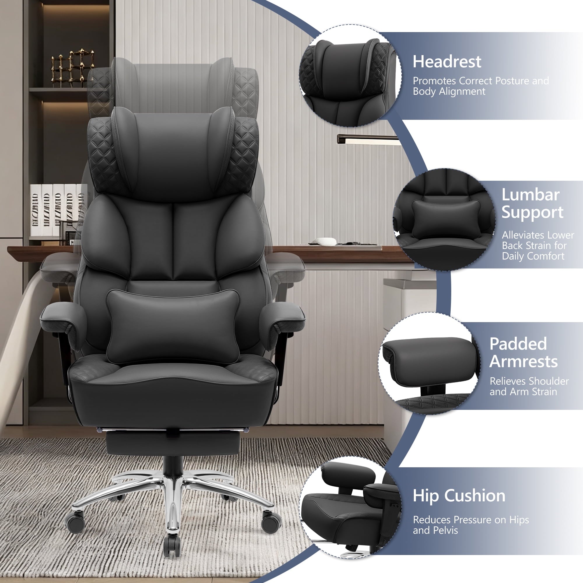 FASTES Office Desk Chair, Big and Tall Office Chair 400lbs Gaming Chair with Footrest, Ergonomic Executive High-Back Reclining Computer Chairs, Swivel Wheels and Lumbar Support, Black