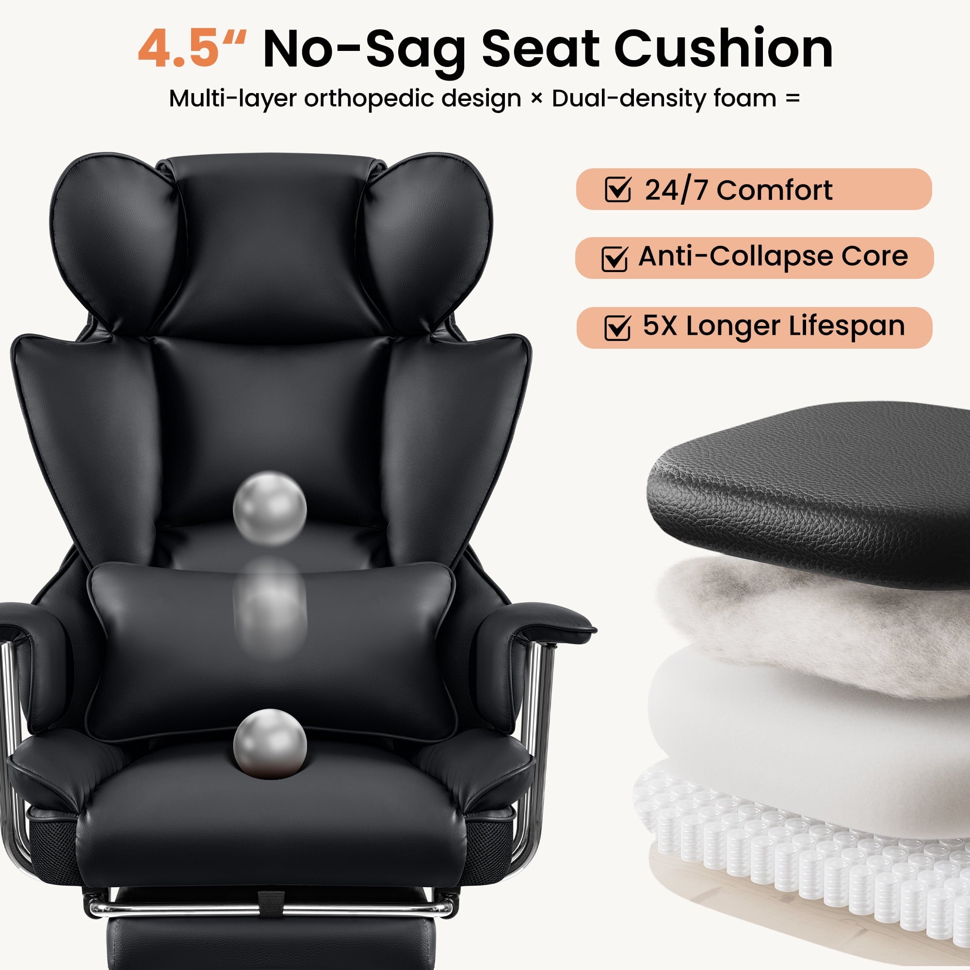 Primy High Back Office Chair, Big and Tall PU Leather Executive Chair with Footrest – Ergonomic Reclining Computer Desk Chair, High-Density Foam, Heavy Duty Swivel Rolling Chair, Black