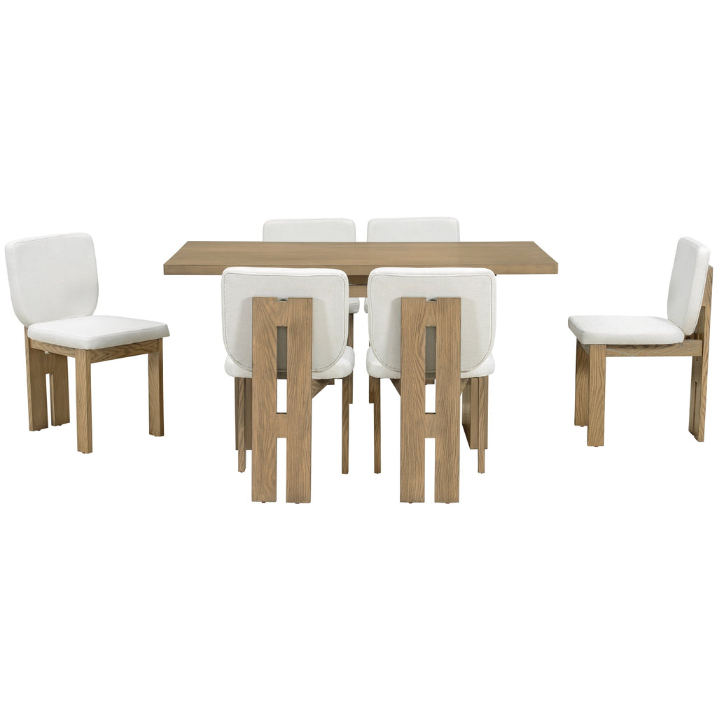 Euroco 7-Piece Dining Table Set for 6, 59 Kitchen Table Set with 6 Upholstered Chairs and Wooden Frame,Retro Dining Set for Kitchen Dining Room, Natural