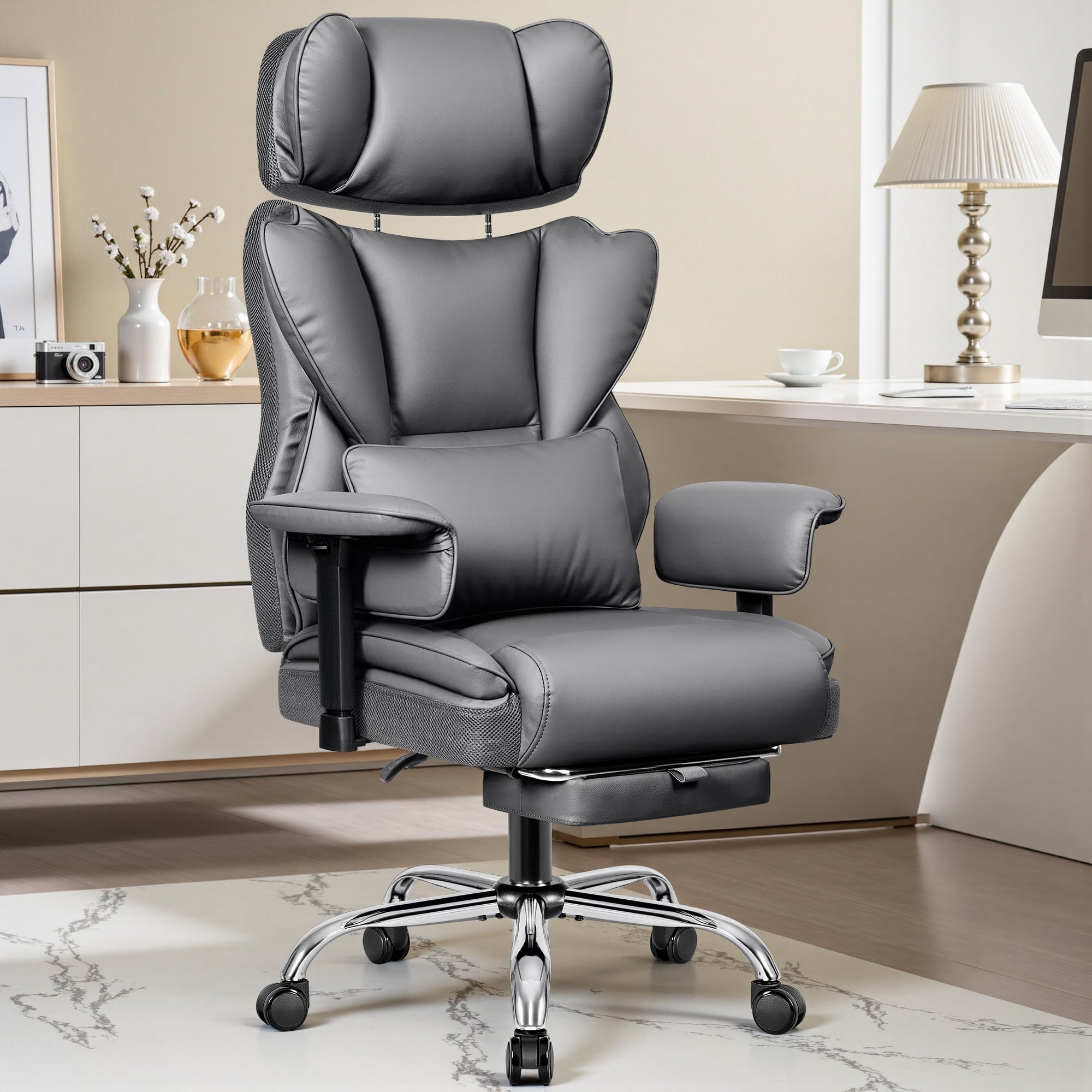 COOLHUT Big and Tall PU Leather Office Chair with Adjustable Headrest & Footrest, Executive Computer Desk Chair with 3D Adjustable Padded Armrest, Ergonomic Office Chair with Lumbar Support, Black