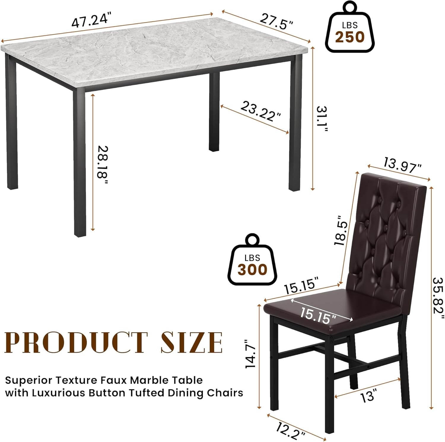 Baxluxe Dining Table Set for 4, Space Saving Rectangle Dining Table with 4 Velvet Dining Chairs, Faux Marble Kitchen Table and Chairs Set, Modern Dining Room Set for Kitchen, Pub, Beige+Gray
