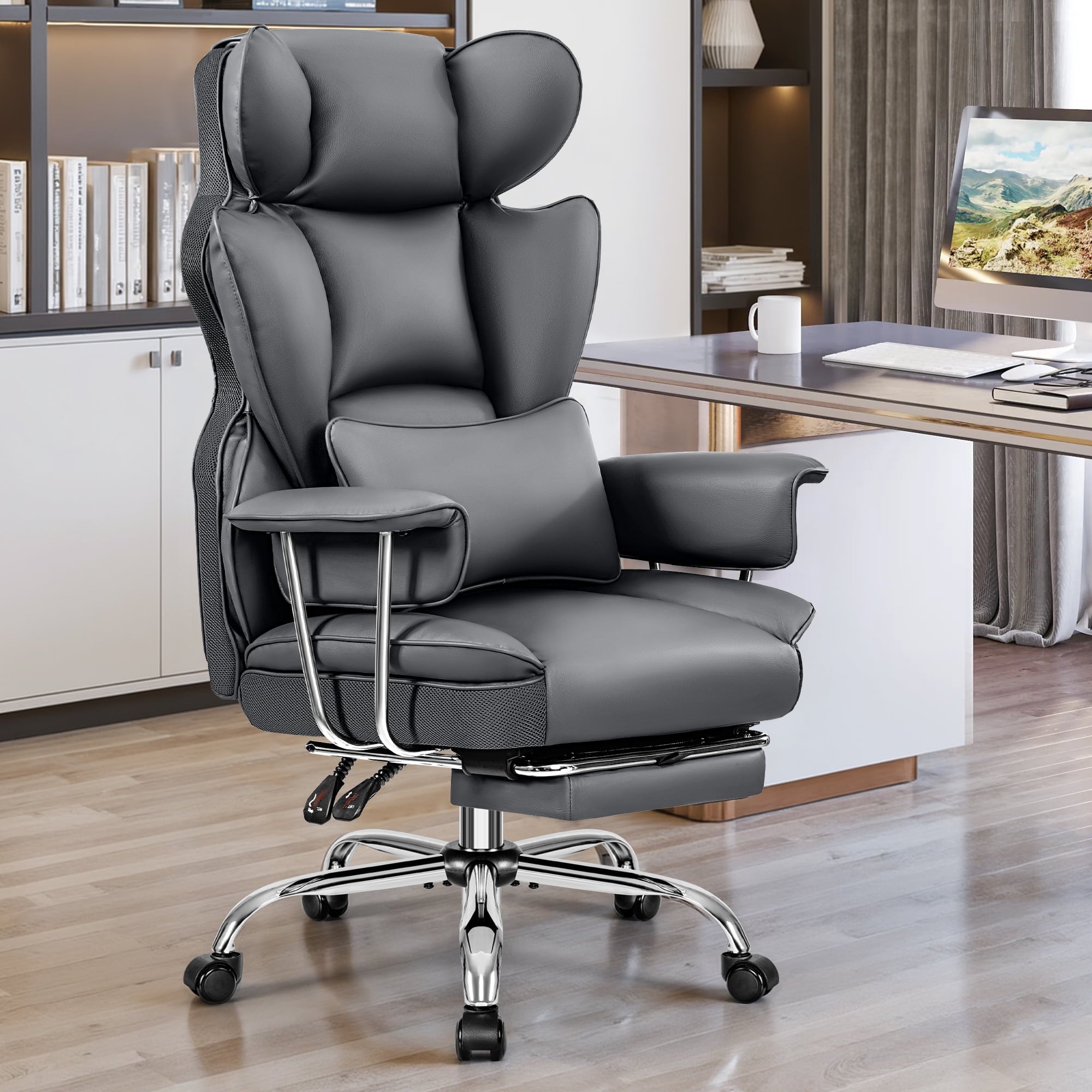 COOLHUT Big and Tall Office Chair 500LBS Wide Seat Ergonomic Computer Desk Chair, PU Leather Executive Office Chair with Footrest, Adjustable Task Chair Lumbar Back Support 8 Hour, Black