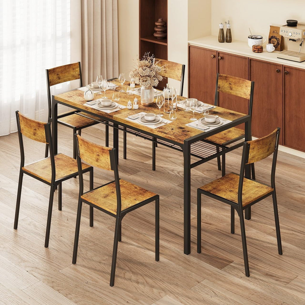 Aiho 7-Piece Dining Table Set for 6, Space-Saving Kitchen Table with Chairs, Compact Dining Furniture for Small Spaces & Apartments, Retro
