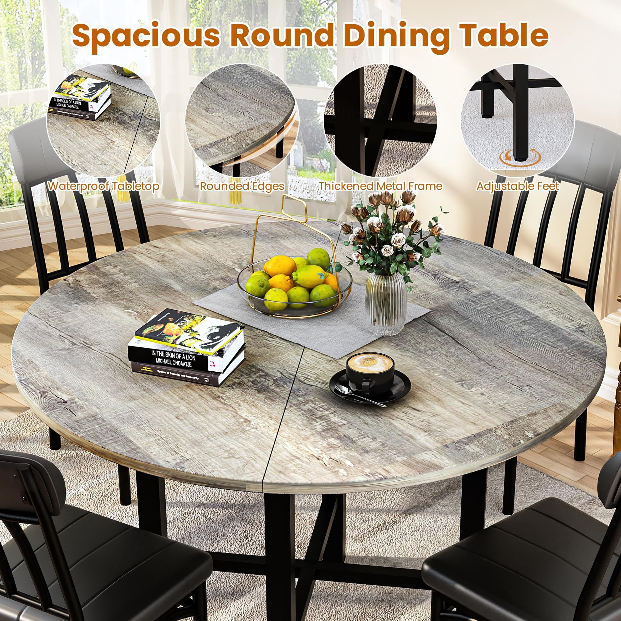 MOOSENG Round Dining Table Set for 4,Faux Marble Circle Dining Table Set with Chairs,Modern Kitchen Table and Chairs Set for 4,Round Dinner Table & Chair Set for Small Space