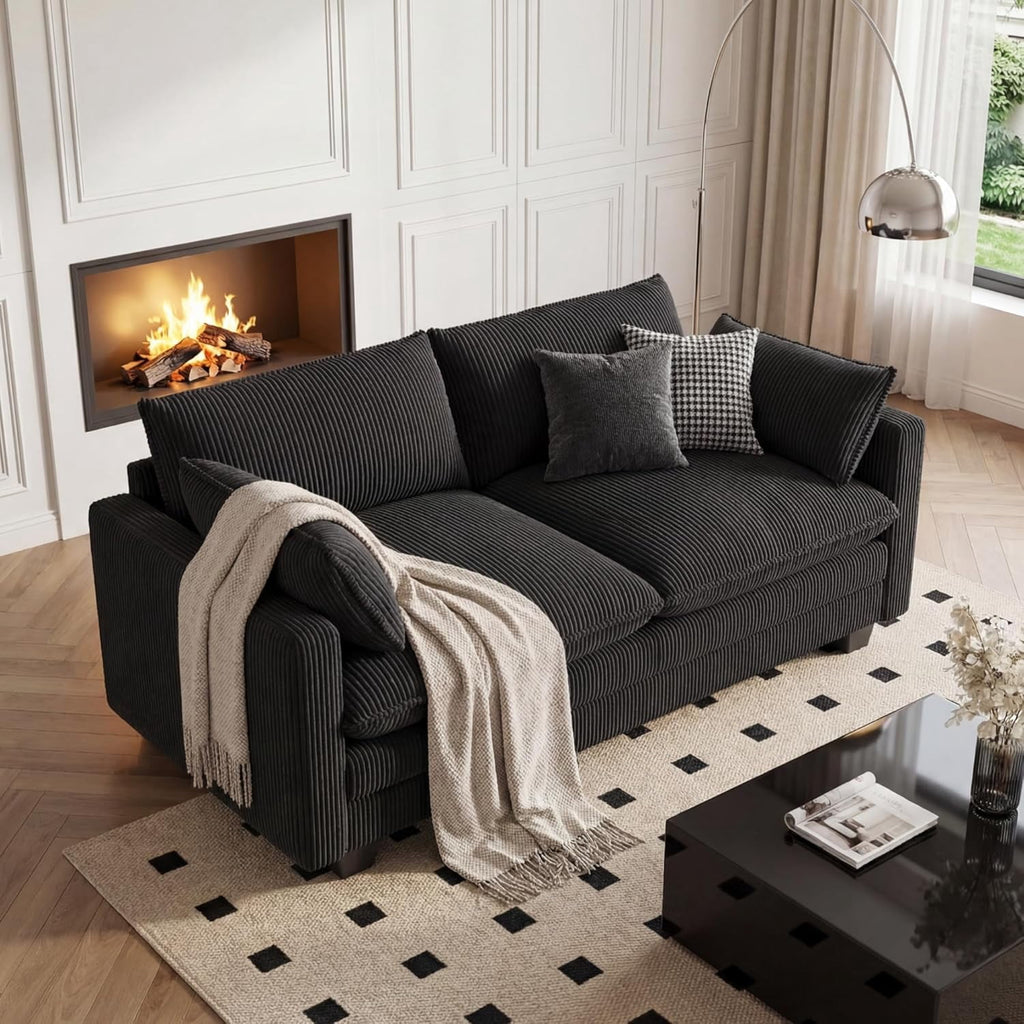 110'' Oversized L Shaped Couch for Living Room, Cloud Couches with Washable Corduroy Cover, Modern 4-Seater Comfy Deep-Seat Sofa with Movable Ottoman and 2 Throw Pillows for Apartment, Gray