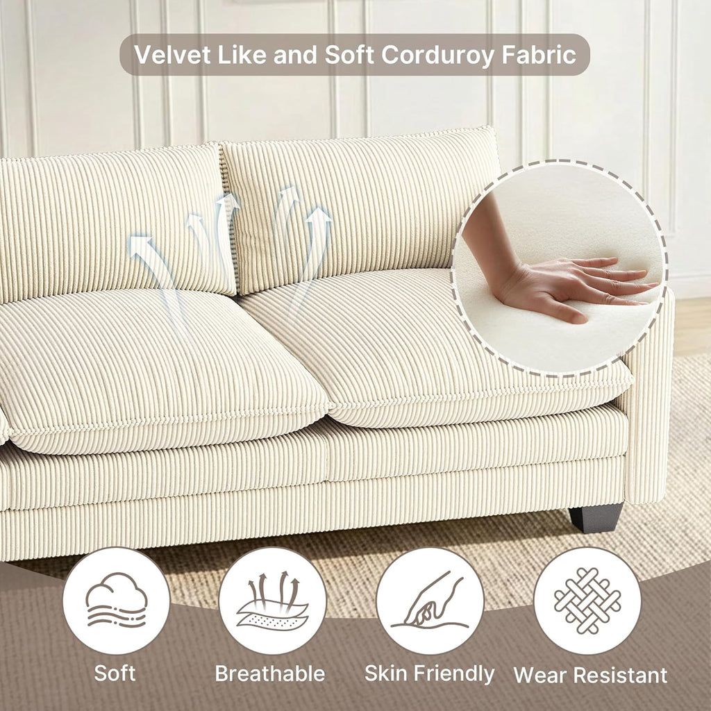 Noelse 110'' Oversized L Shaped Couch for Living Room, Cloud Couches with Washable Corduroy Cover, Modern 4-Seater Comfy Deep-Seat Sofa with Movable Ottoman and 2 Throw Pillows for Apartment, Beige