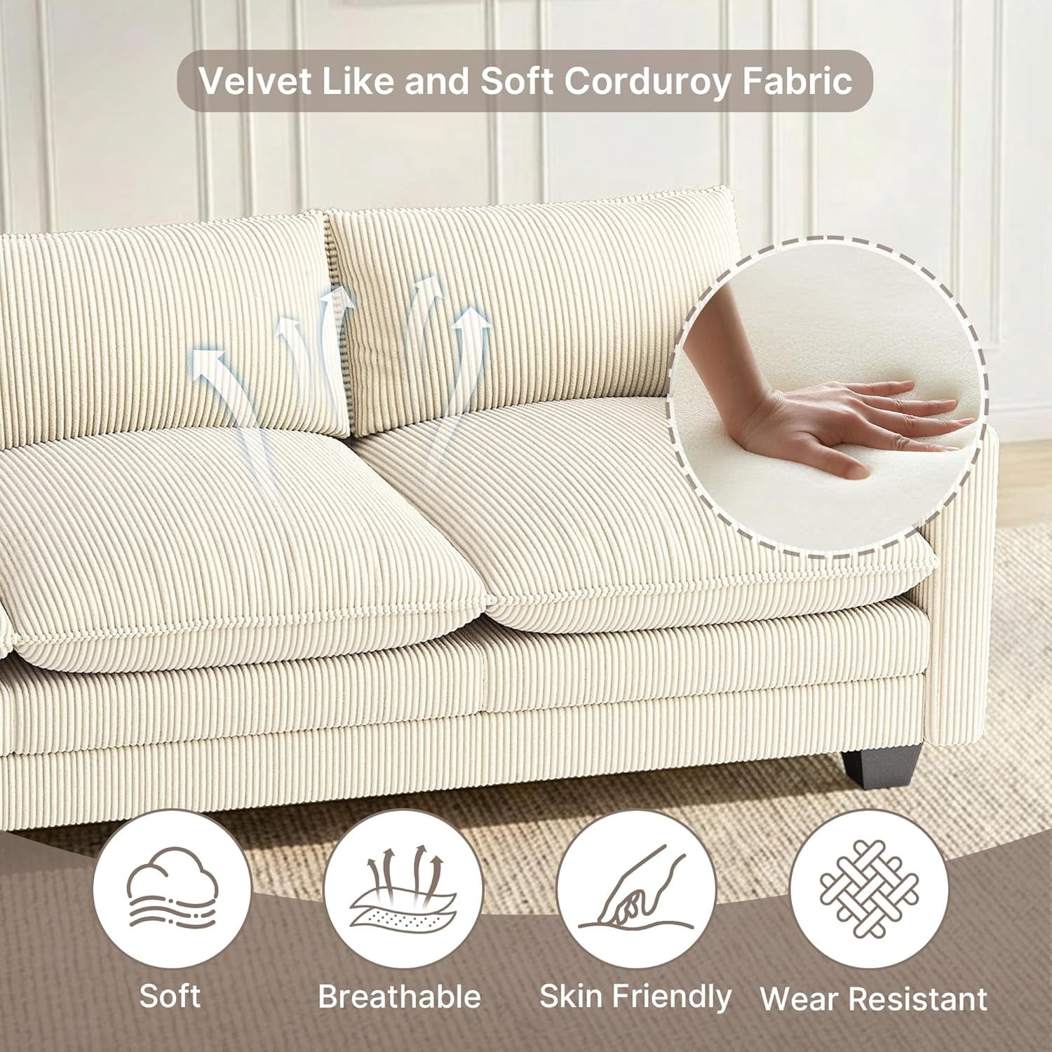 Noelse 110'' Oversized L Shaped Couch for Living Room, Cloud Couches with Washable Corduroy Cover, Modern 4-Seater Comfy Deep-Seat Sofa with Movable Ottoman and 2 Throw Pillows for Apartment, Beige