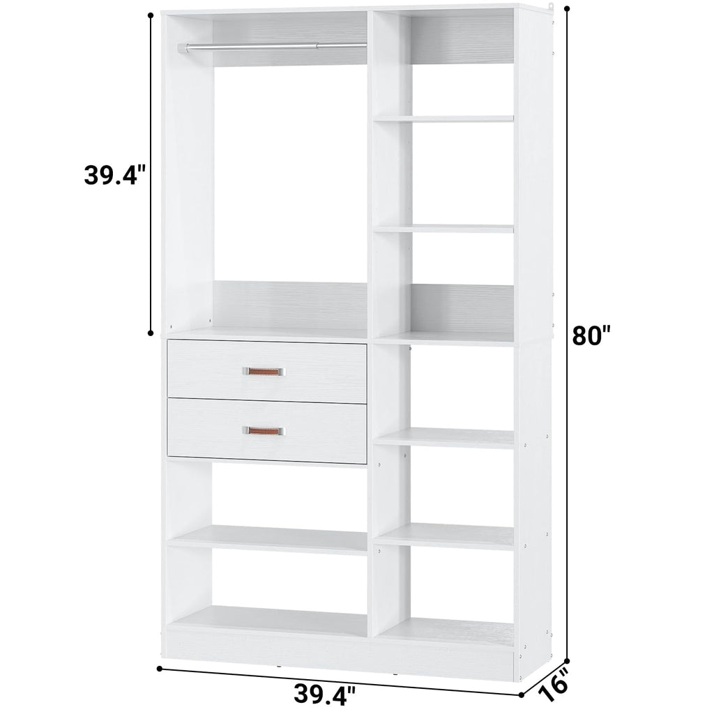 Homieasy 39.4'' W Closet System with Wooden Drawers and Hanging Rods, White