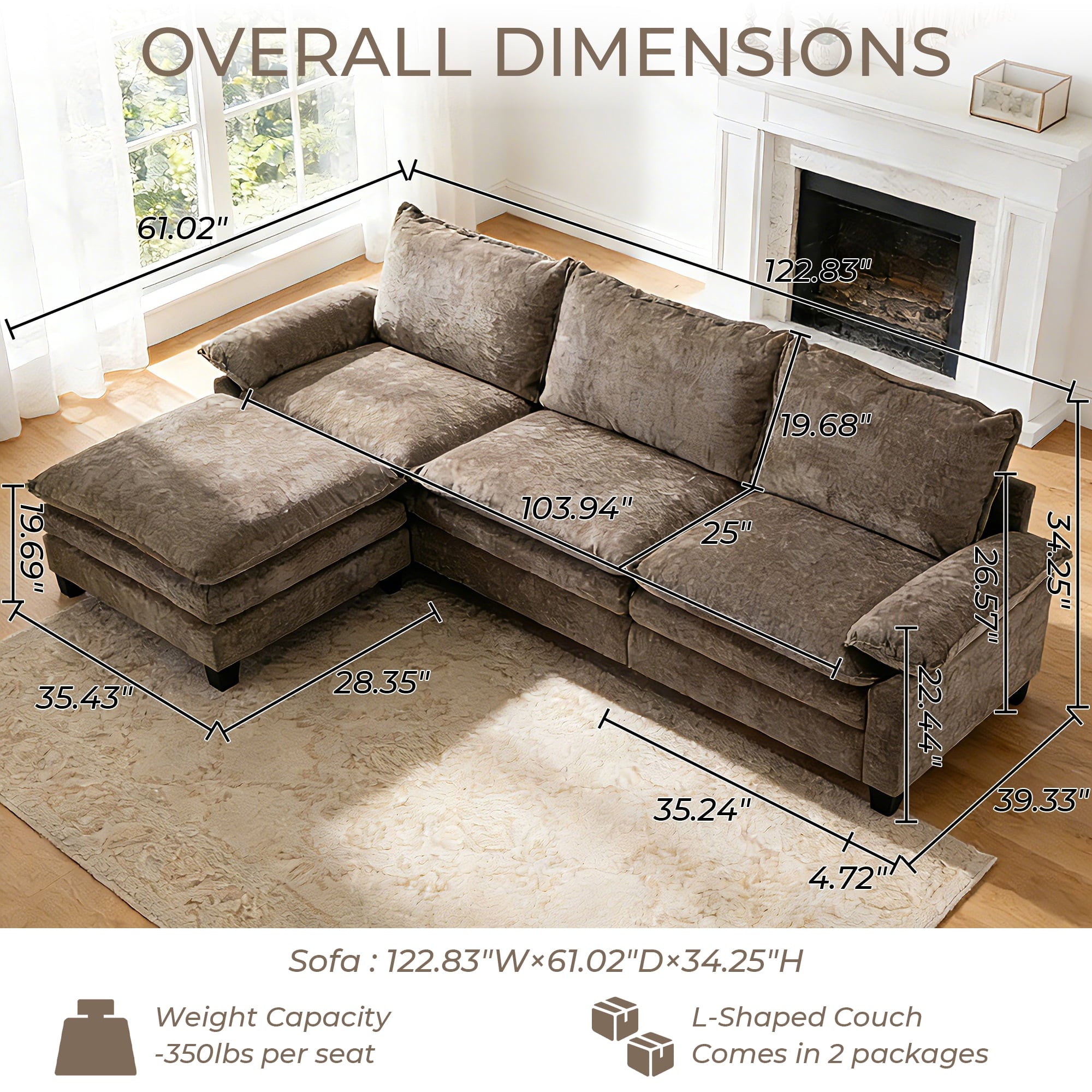 Ktaxon Sectional Sofa L Shaped Couch with Chaise Living Room Sleeper Set, 2 Seats with Chenille and Double Layer Cushions 86 W Beige