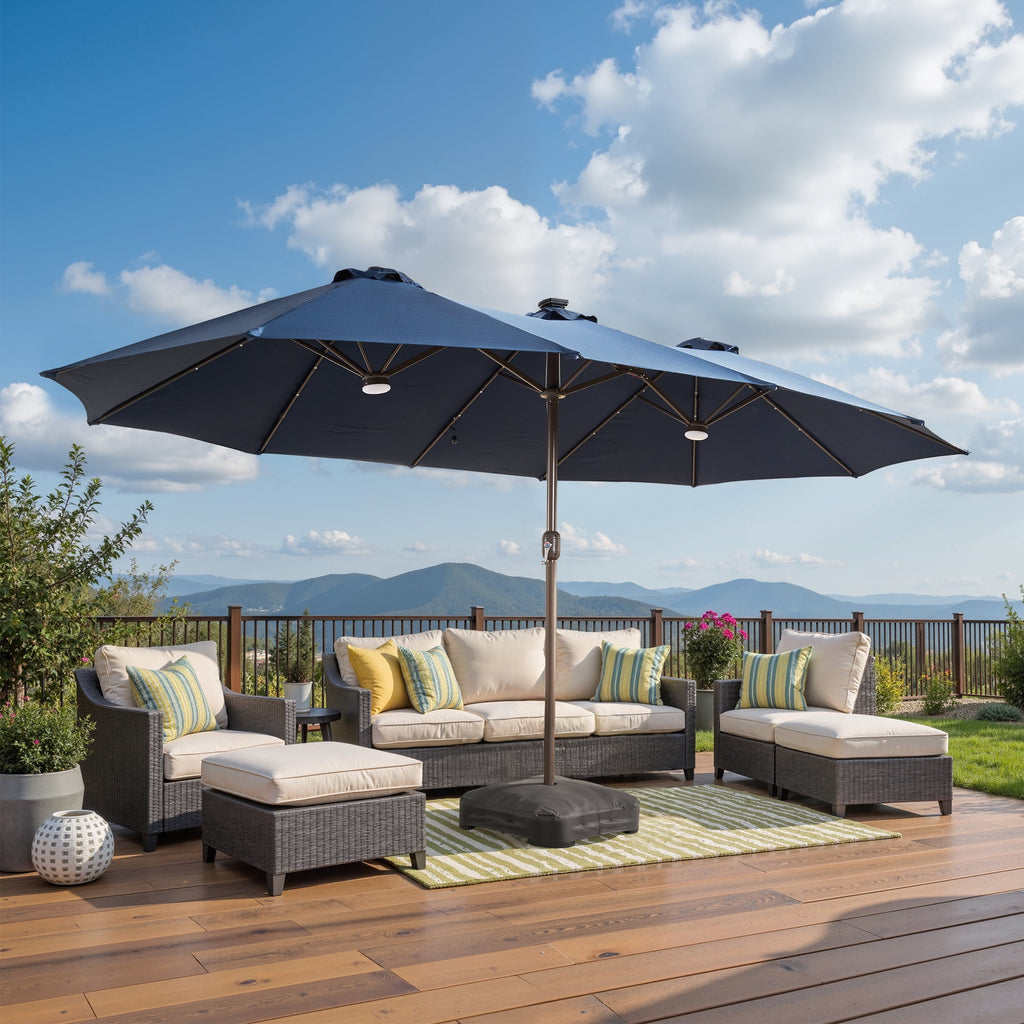 Ovios 15ft Solar LED Patio Umbrellas Double-Sided Outdoor Umbrella 36 LED Lights Large Poolside Umbrella with Base for Outside, Market, Backyard, Dark Grey