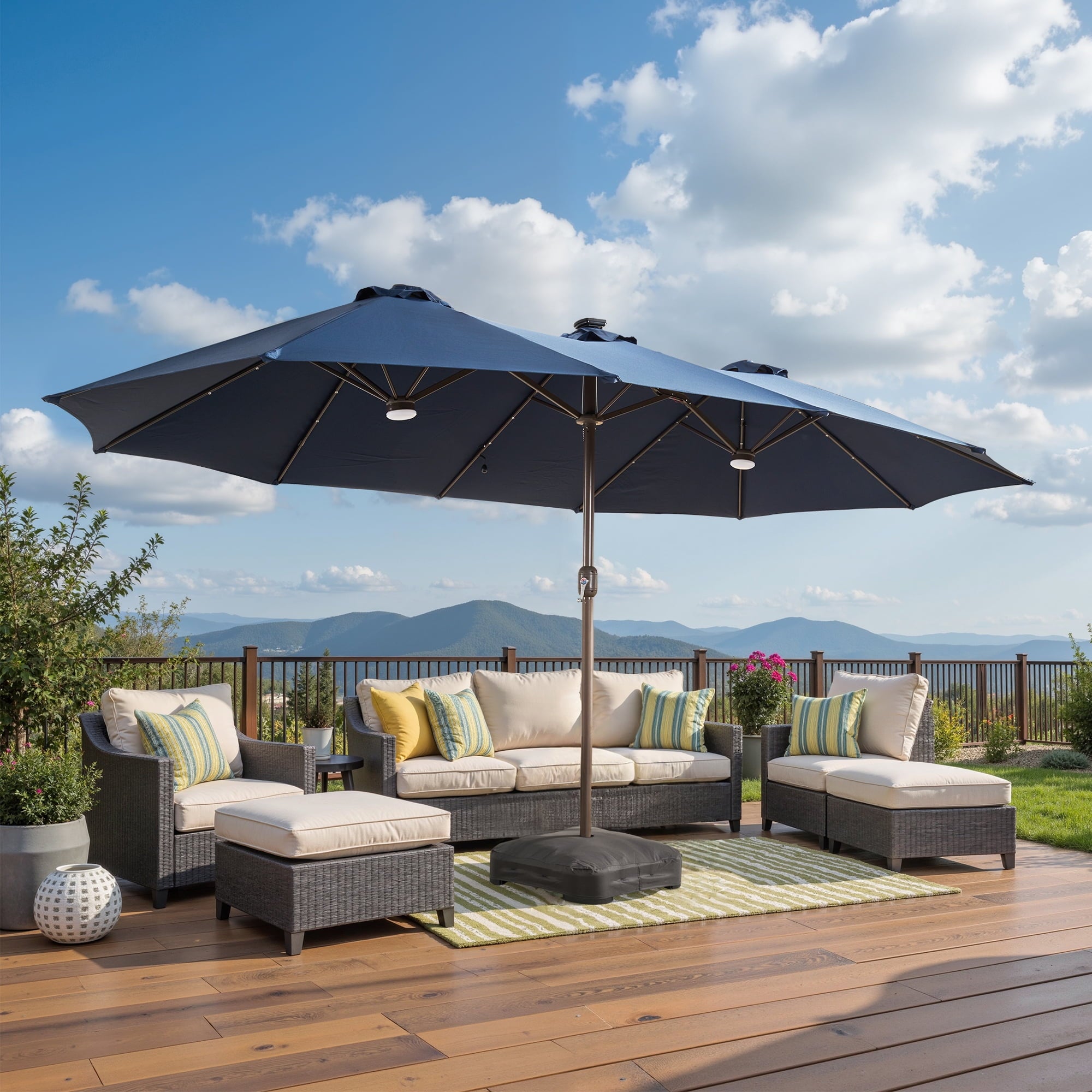 Ovios 15ft Solar LED Patio Umbrellas Double-Sided Outdoor Umbrella 36 LED Lights Large Poolside Umbrella with Base for Outside, Market, Backyard, Dark Grey