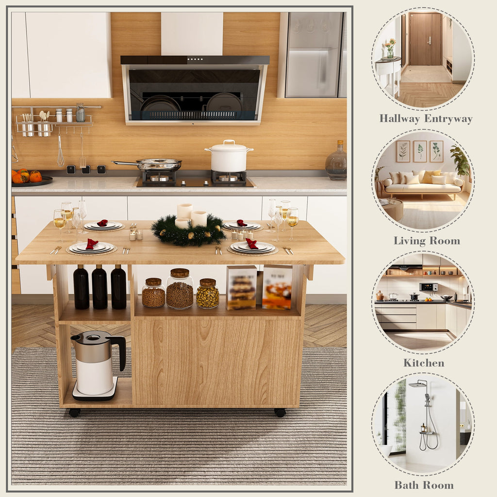 Wohh 47 Inch Folding Dining Table with Storage Shelves & Wheels, Multifunctional Kitchen Desk for Small Spaces, Compact Mobile Computer Desk for Home Office, Dorm, Adjustable Foldable Study Table