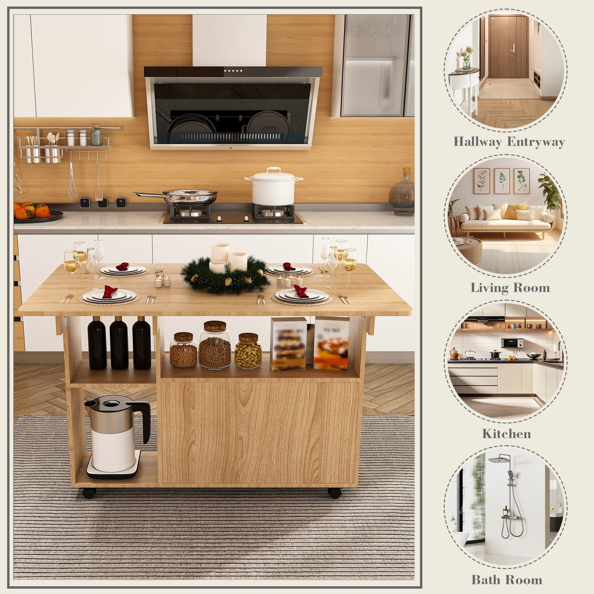 Wohh 47 Inch Folding Dining Table with Storage Shelves & Wheels, Multifunctional Kitchen Desk for Small Spaces, Compact Mobile Computer Desk for Home Office, Dorm, Adjustable Foldable Study Table
