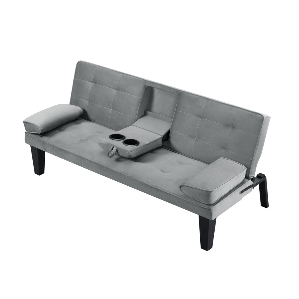 BSHTI 65 Modern Velvet Futon Sofa Bed with Drop Down Cup Holders, 3-Position Adjustable Backrest, Removable Arm Cushions, Chrome Legs for Living Room & Guest Room Black
