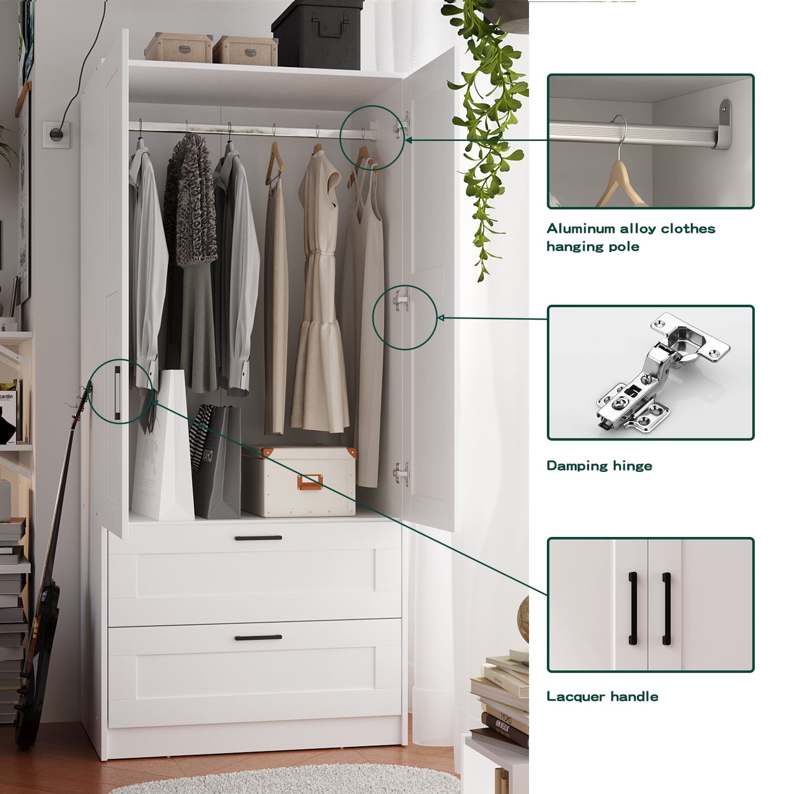 Wood White Wardrobe Closet with 2 Doors，Bedroom Freestanding Armoire Storage Cabinet with Shelves，Wooden Wardrobe Combination for Hanging Clothes