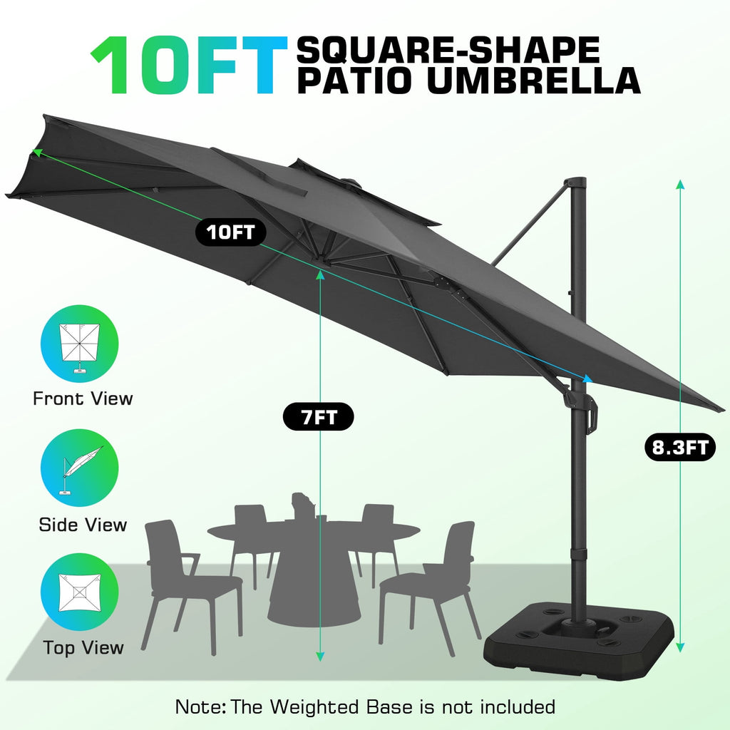 HOTEEL 10ft Patio Umbrella Outdoor Square Large Cantilever Windproof Offset and Heavy Duty Sun Umbrella for Garden Deck Pool，Gray