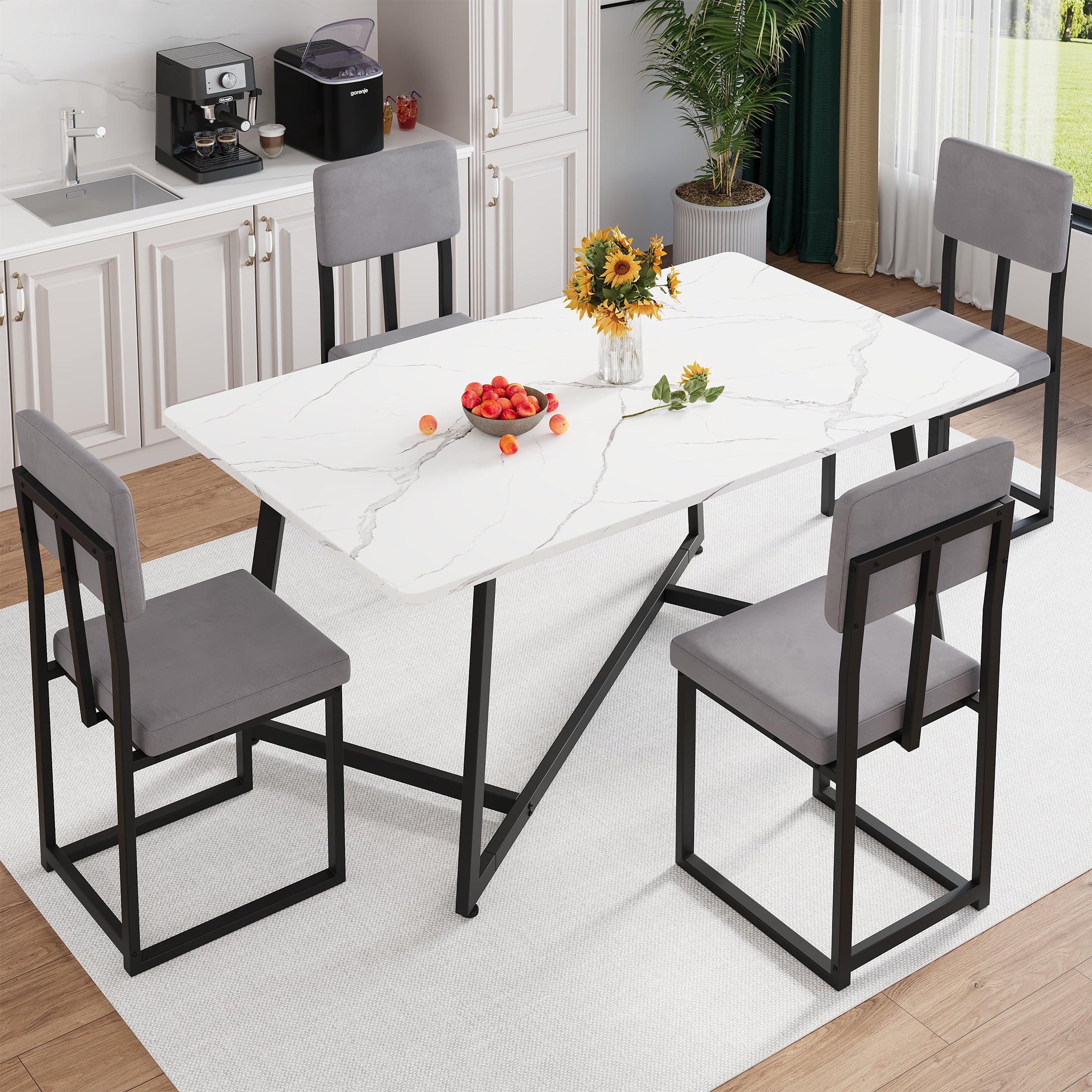 PORKISS 5 Piece Dining Table Set, Modern Faux Marble Tabletop and 4 Linen Upholstered Chairs, Rectangle Kitchen Table and Chairs for 4, White + Gray(Linen)