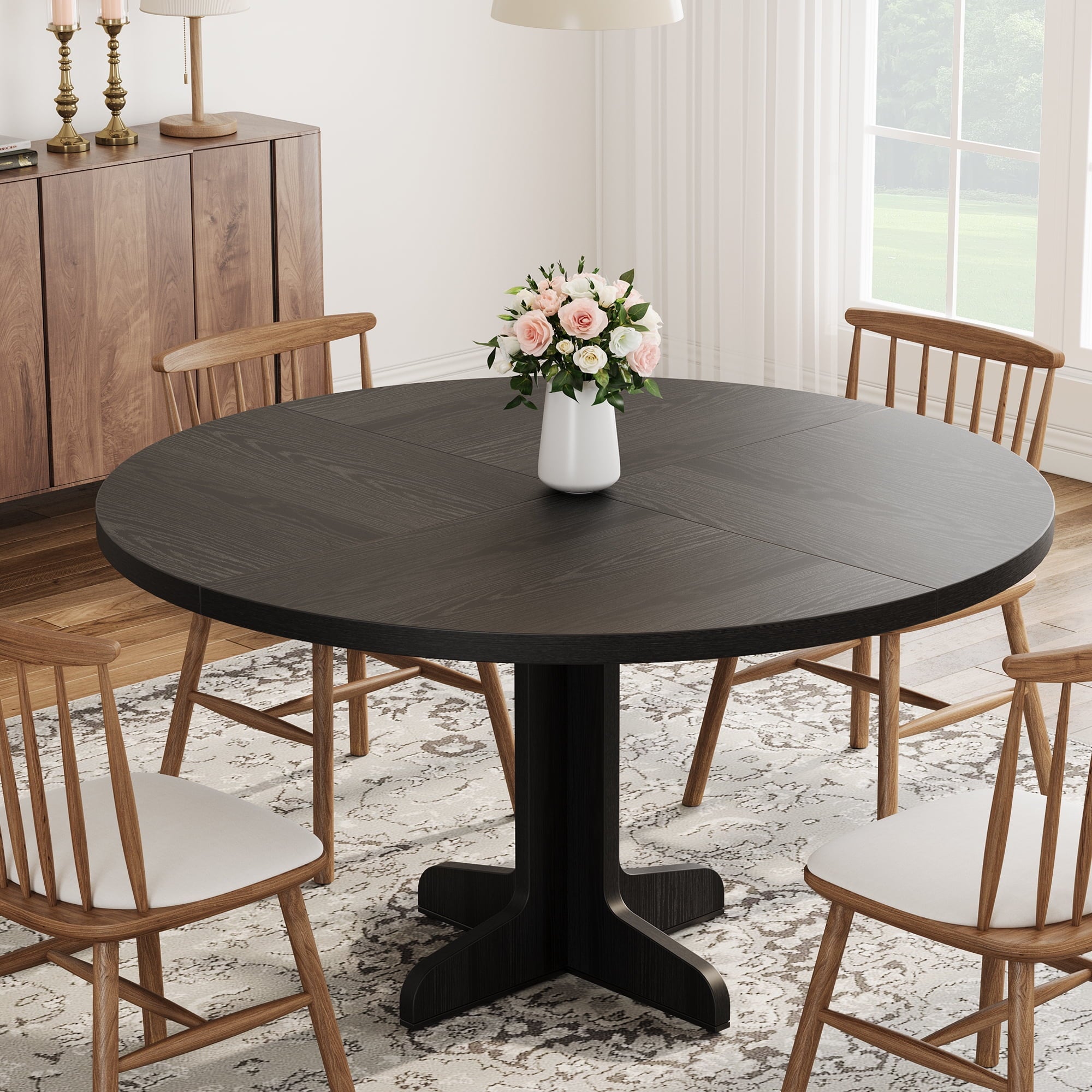 47 Inch Round Dining Table, Wood Kitchen Table, Dinning Room Tables for 4-6 People, Dinner Table with Wooden Tabletop and Legs for Dining Room Living Room (Only Table)