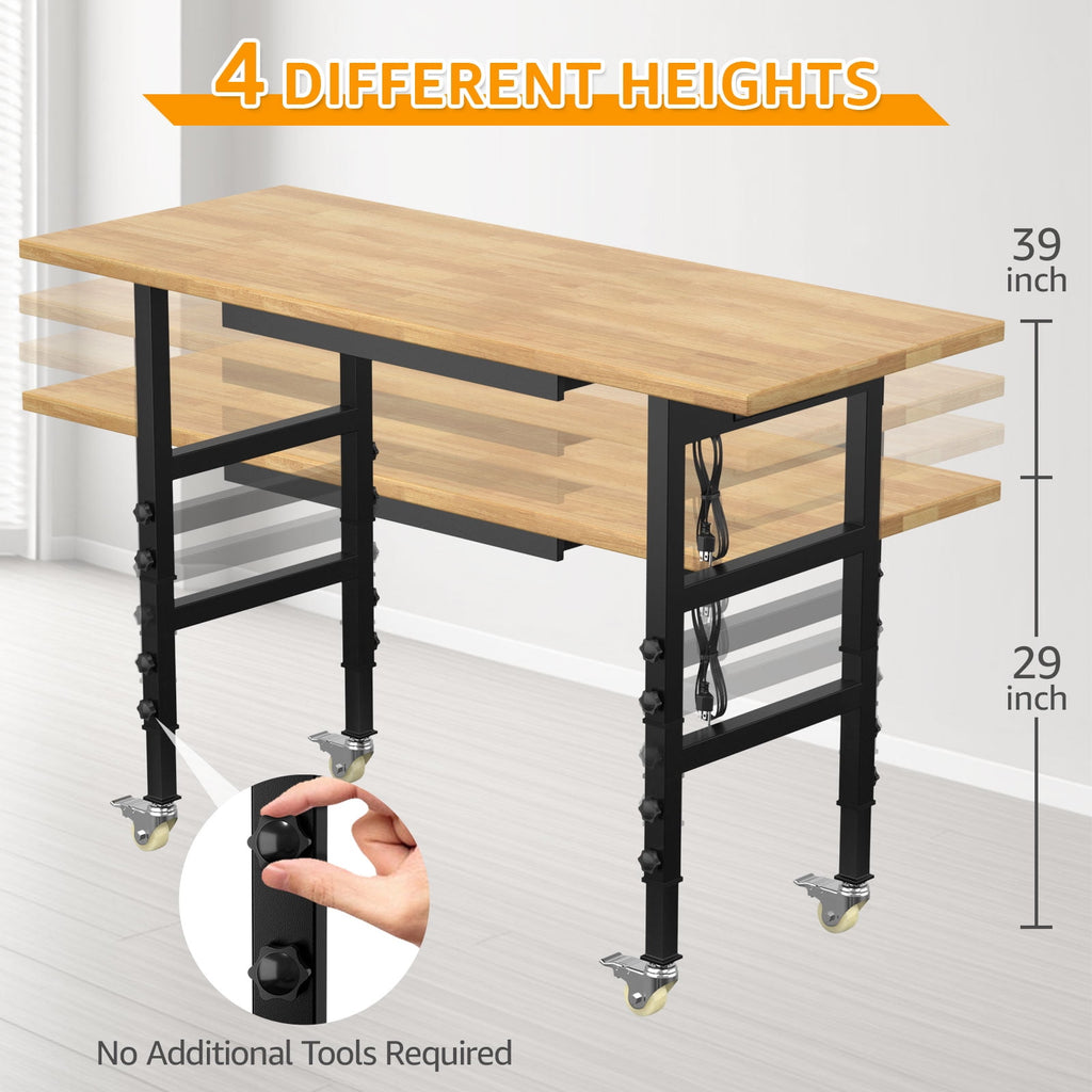 60 Adjustable Workbench,Heavy-Duty Work Table,3000 LBS Load Capacity Hardwood Workstation Outlets with Power strips and Wheels,for Workshop, Garage