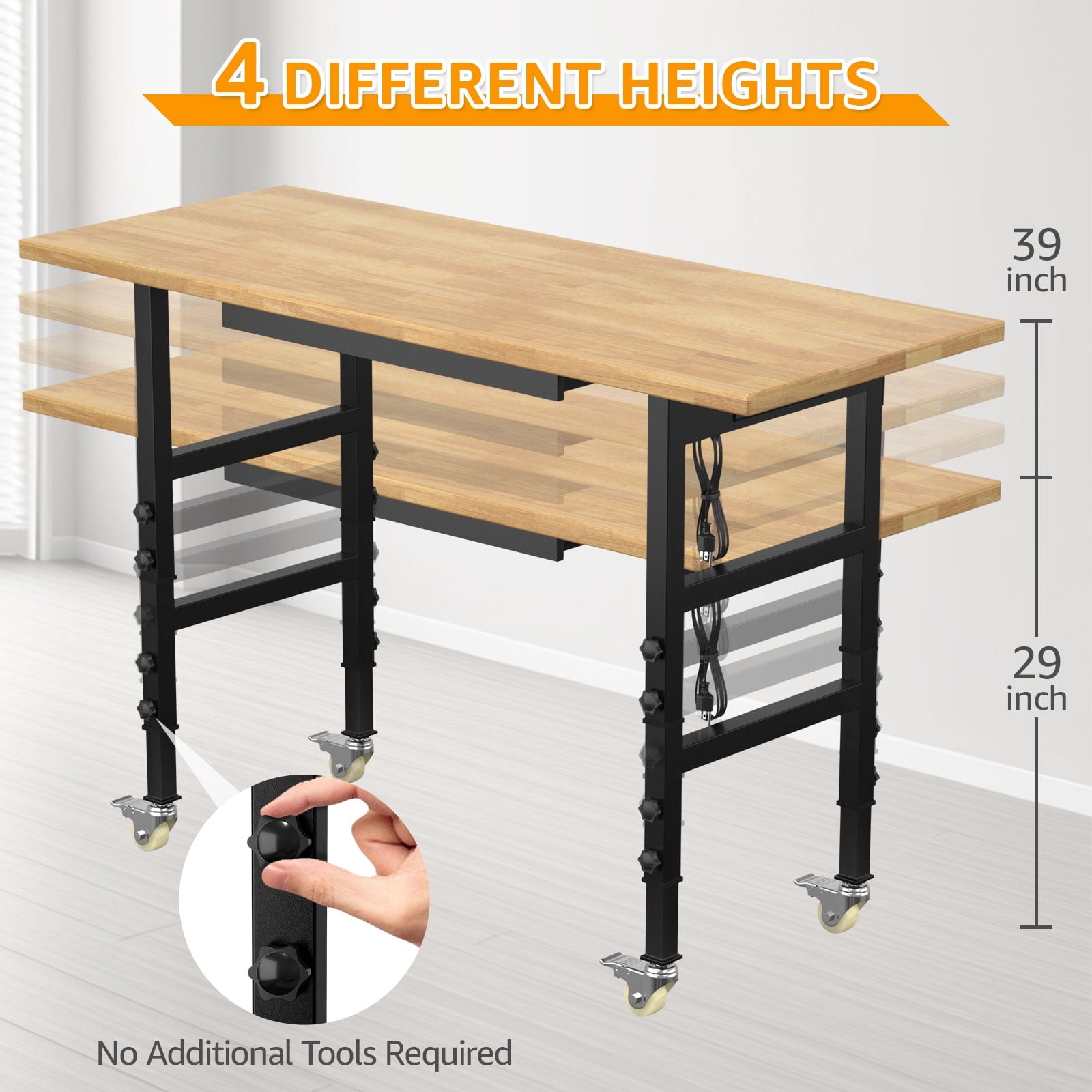 60 Adjustable Workbench,Heavy-Duty Work Table,3000 LBS Load Capacity Hardwood Workstation Outlets with Power strips and Wheels,for Workshop, Garage