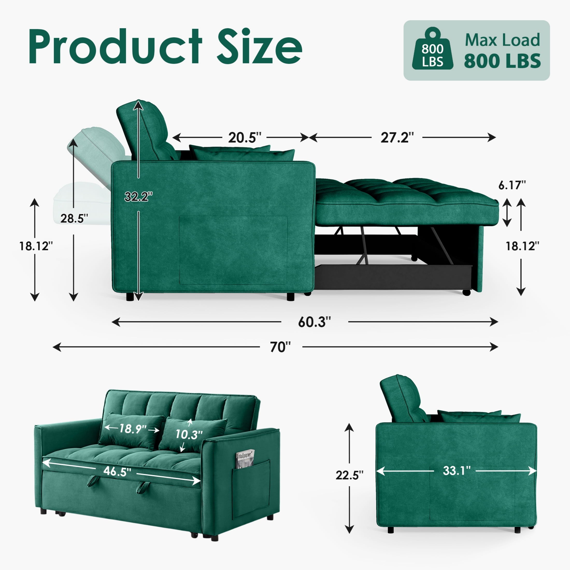 Anpport 3-in-1 Convertible Sleeper Sofa Bed, Pull-Out Loveseat Couch with Adjustable Back for Small Spaces, Velvet Fabric, 55, Dark Gray