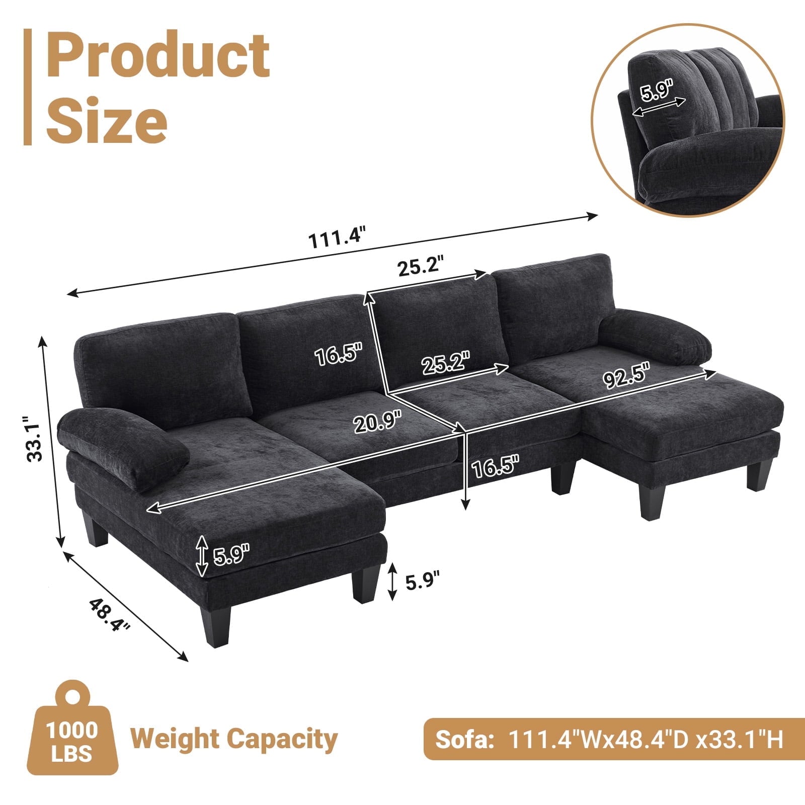 Ktaxon U-Shaped Sectional Sofa, 111  Chenille Couch, 4 Seat Lounge Sleeper with Double Chaise for Living Room Black