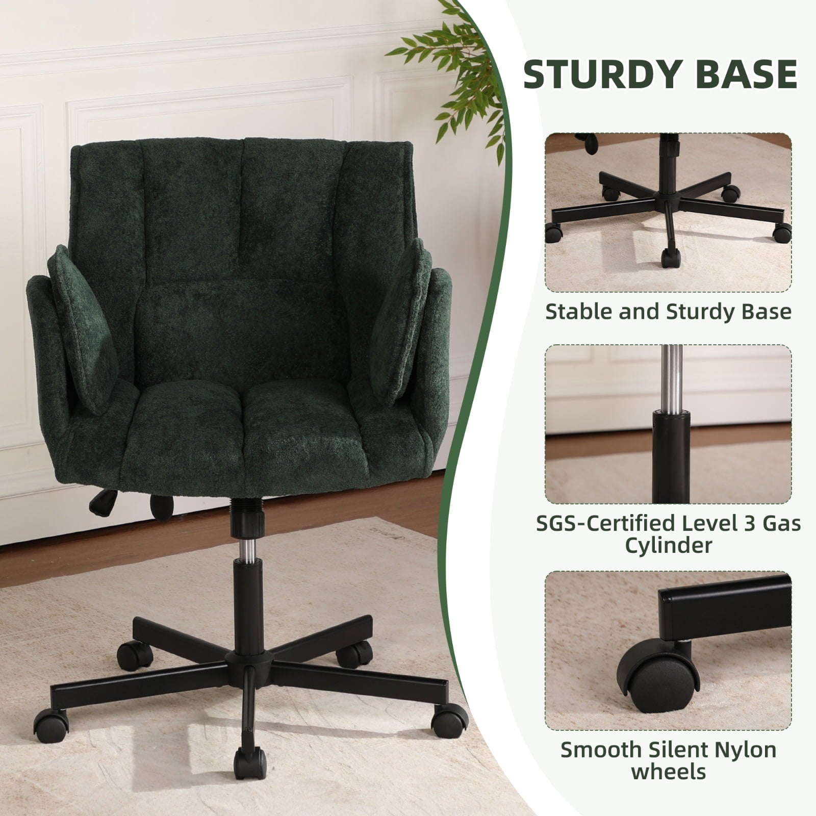 Cross Legged Office Chair with Wheels & Dynamic Airbag Lumbar Support, Criss Cross Wide Seat, 5-Position Fold-Down Armrests, Swivel Vanity Chair for Home Office, Dark Green