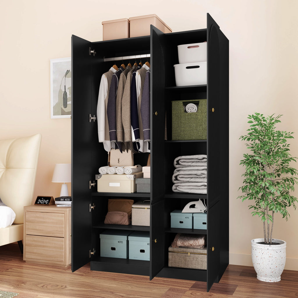 Wirrytor Freestanding Wooden Armoire Wardrobe with 2 Woven Doors and Storage Drawers, Space-Saving Closet Cabinet for Bedroom, Sturdy Mdf Board Closet with Hanging Rail