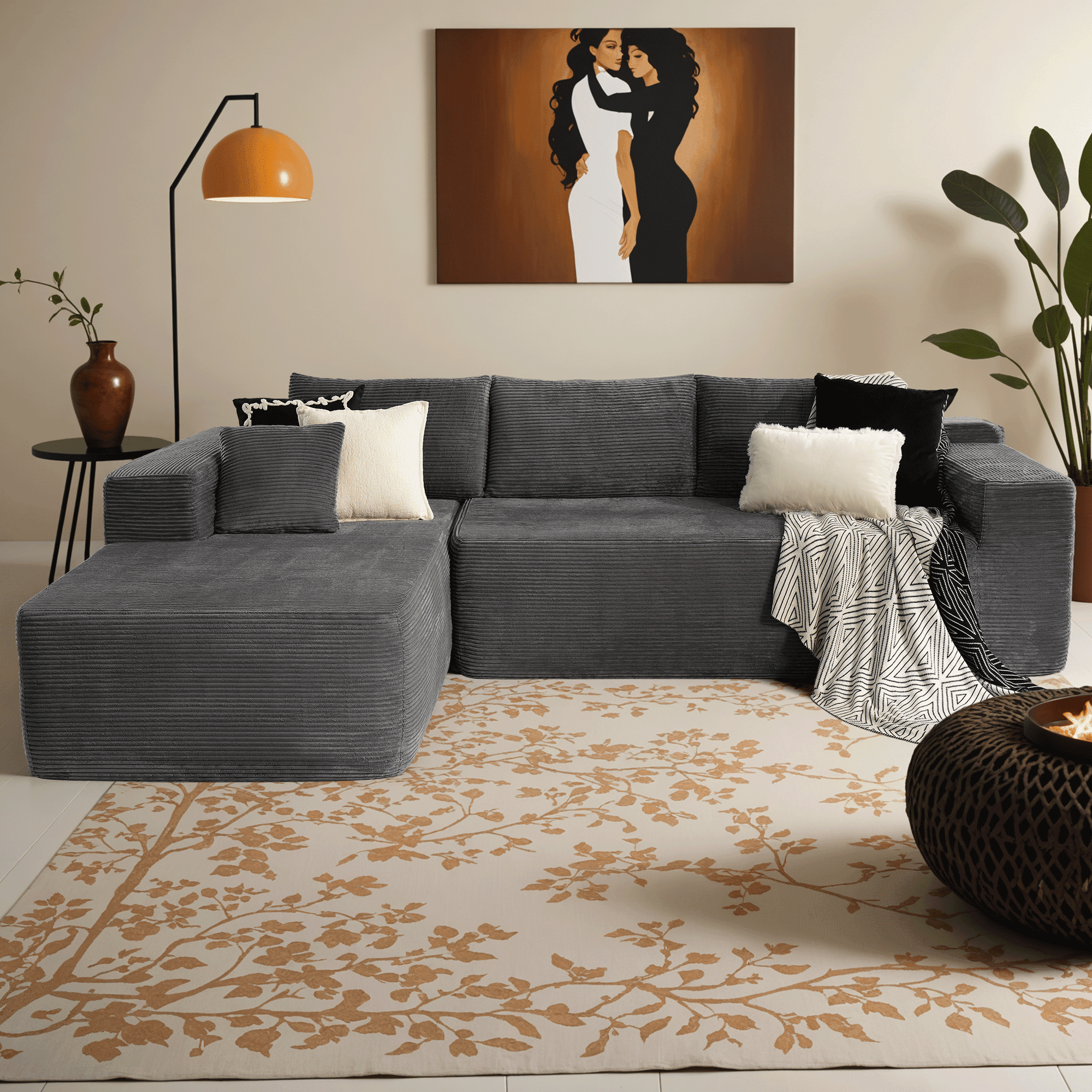 Ovios 106 Cloud Sofa Couch No Assembly Boneless Deep Seat Sofa for Living Room, Black (Corduroy)