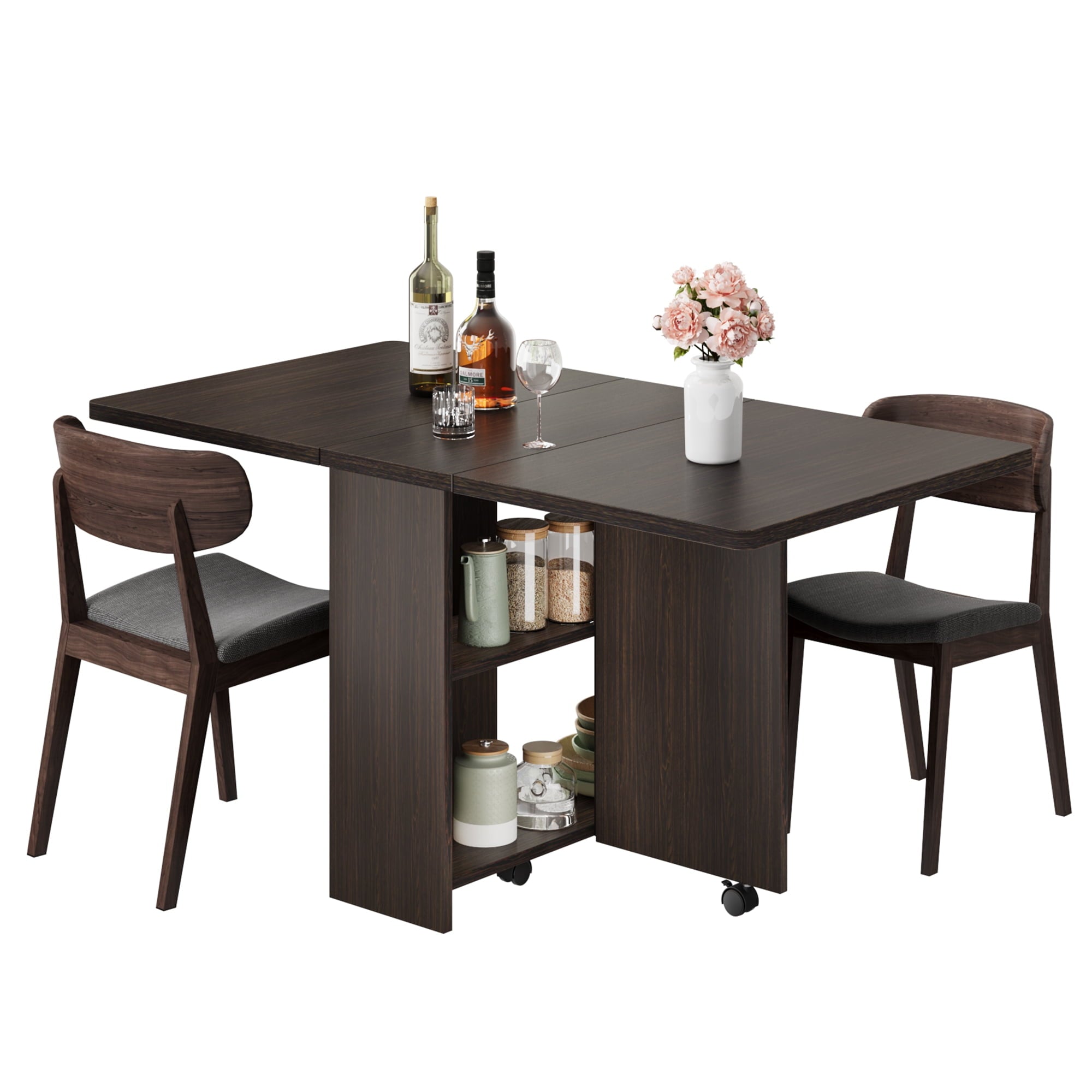 Folding Dining Table with 2 Tier Storage, Extendable Kitchen Table, Drop Leaf Table, Rectangle Dining Room Tables Set for 4, Space Saving Collapsible Expandable Dinner Kitchen Office Furniture